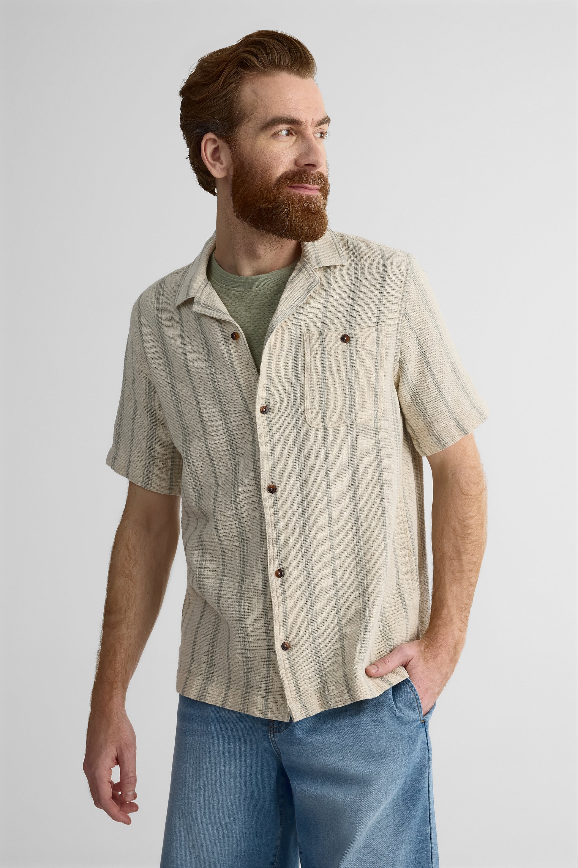 Chemise rayée à col cubain – Homme && KAKI/MULTI