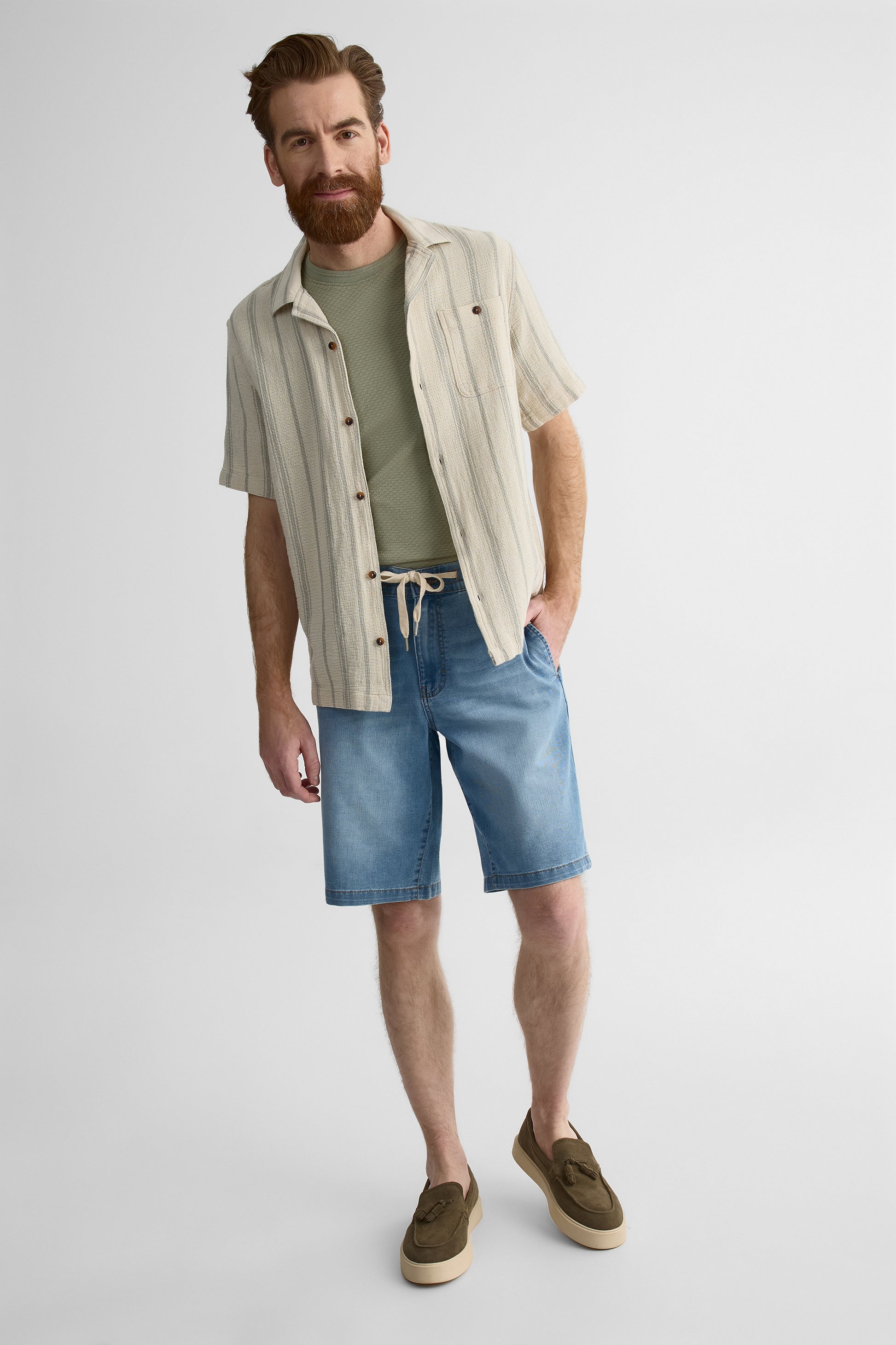 Chemise rayée à col cubain – Homme && KAKI/MULTI