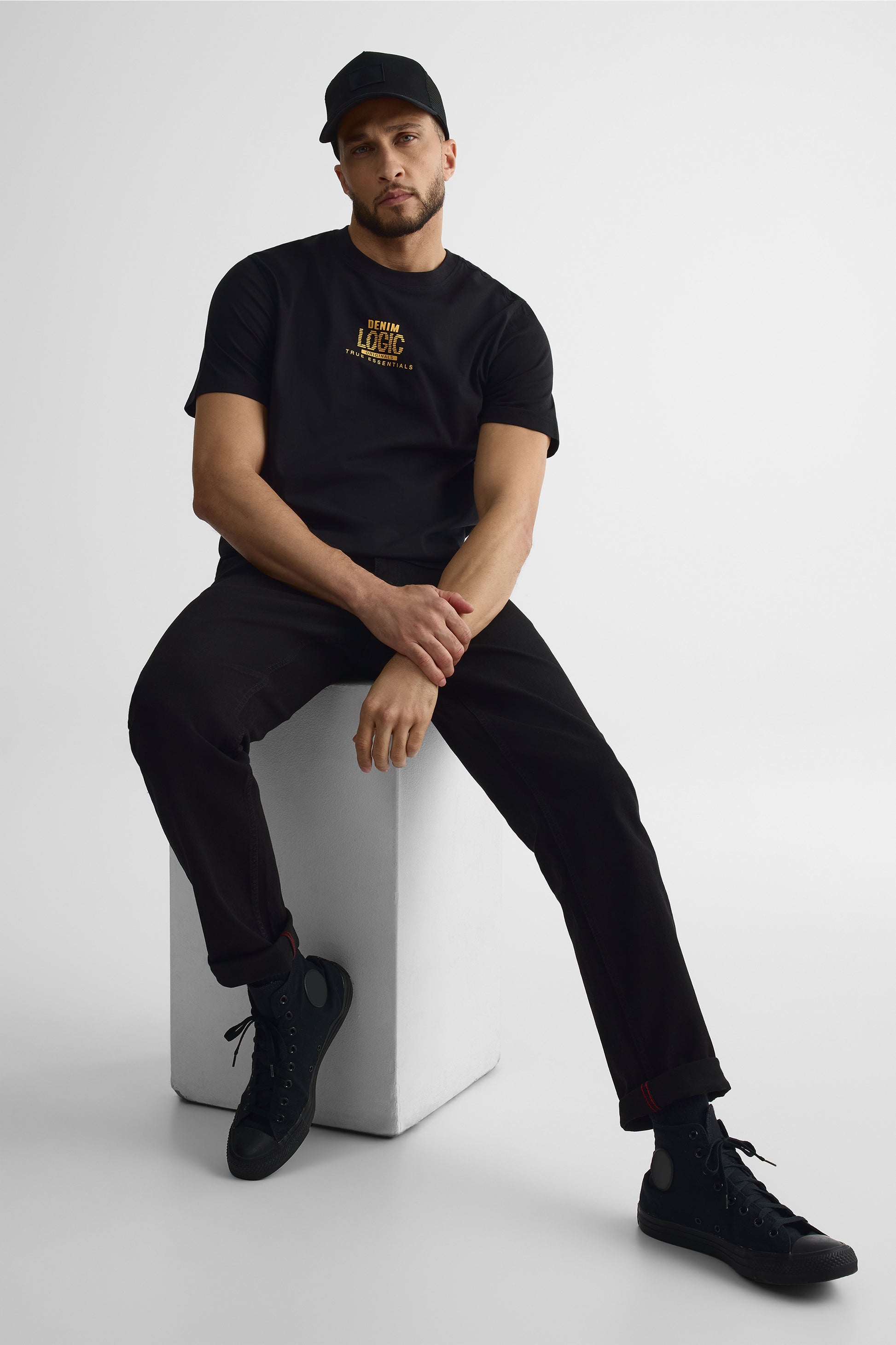 T-shirt graphique col rond en coton - Homme && NOIR