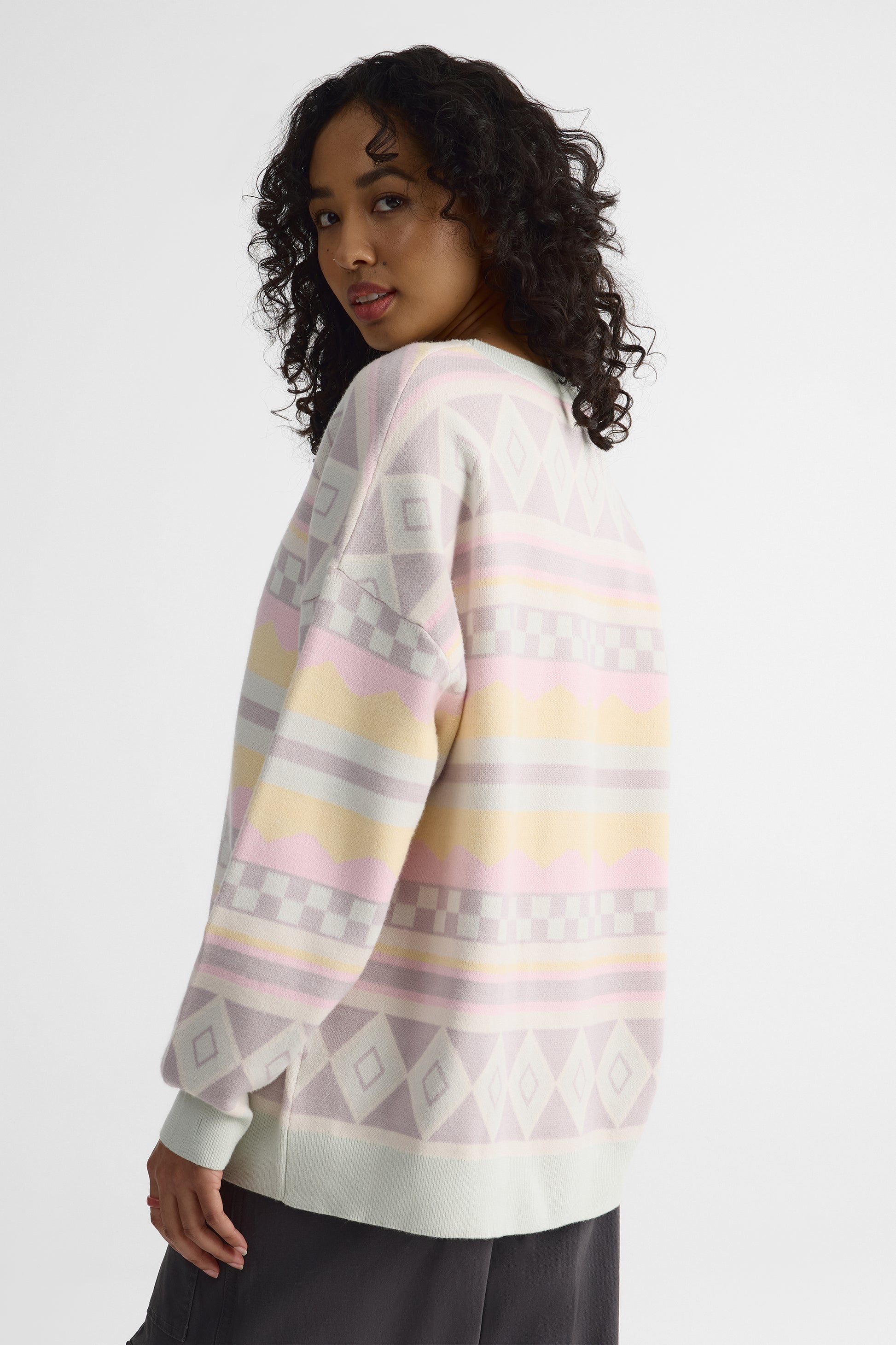 Chandail tricot oversize col rond – Femme && GRIS MULTI