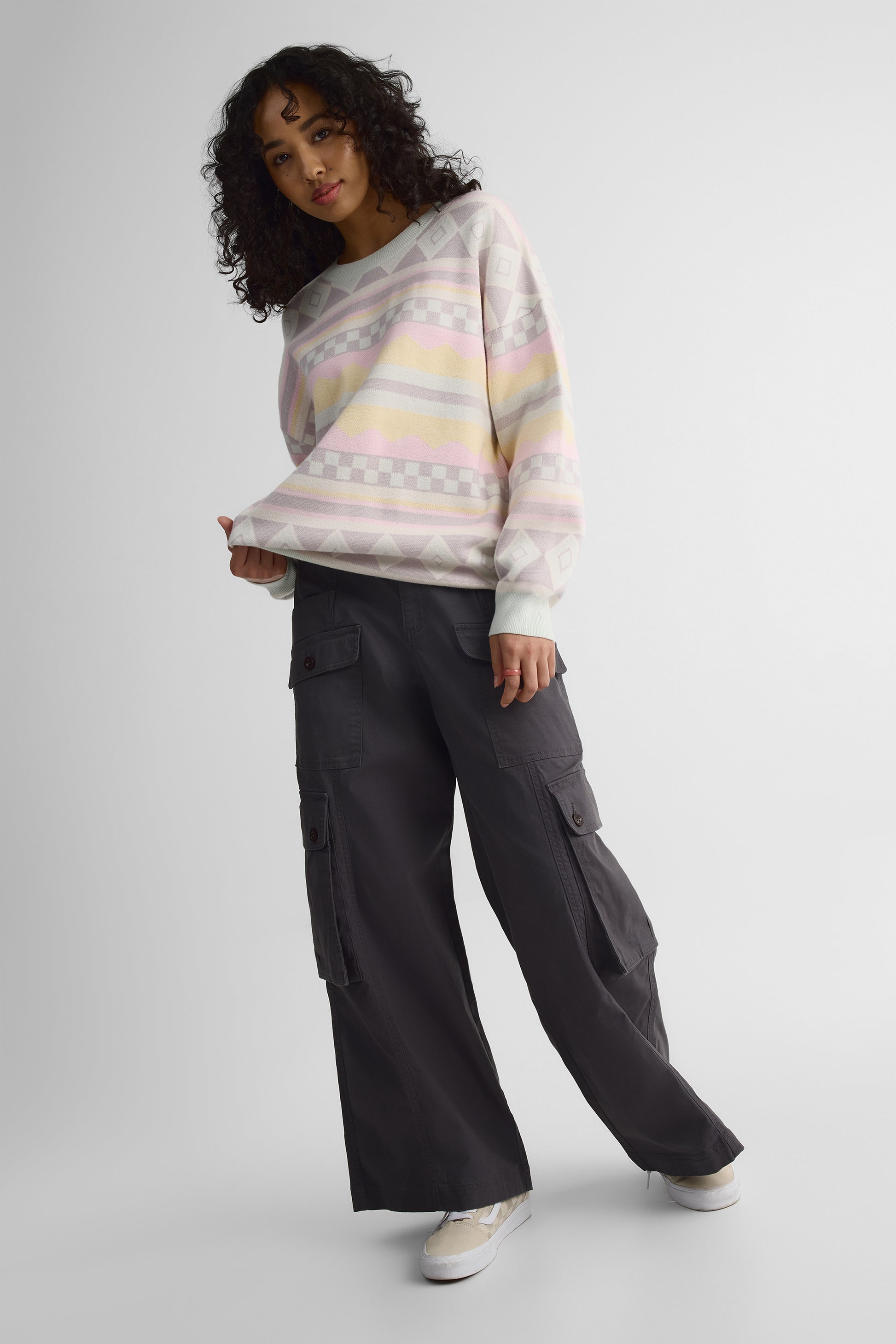 Chandail tricot oversize col rond – Femme && GRIS MULTI