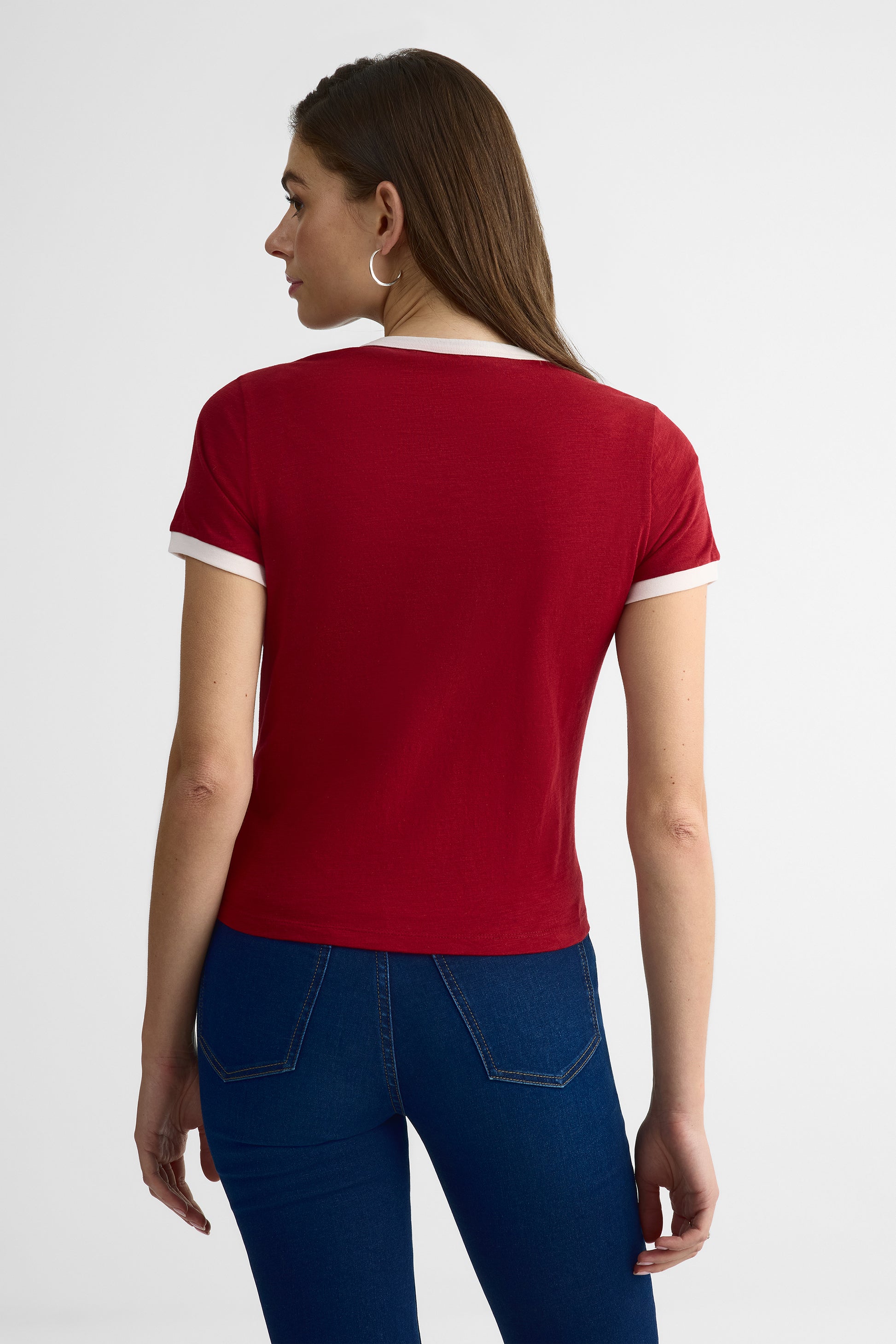 Chandail M/courtes semi-ajusté en coton - Femme && ROUGE