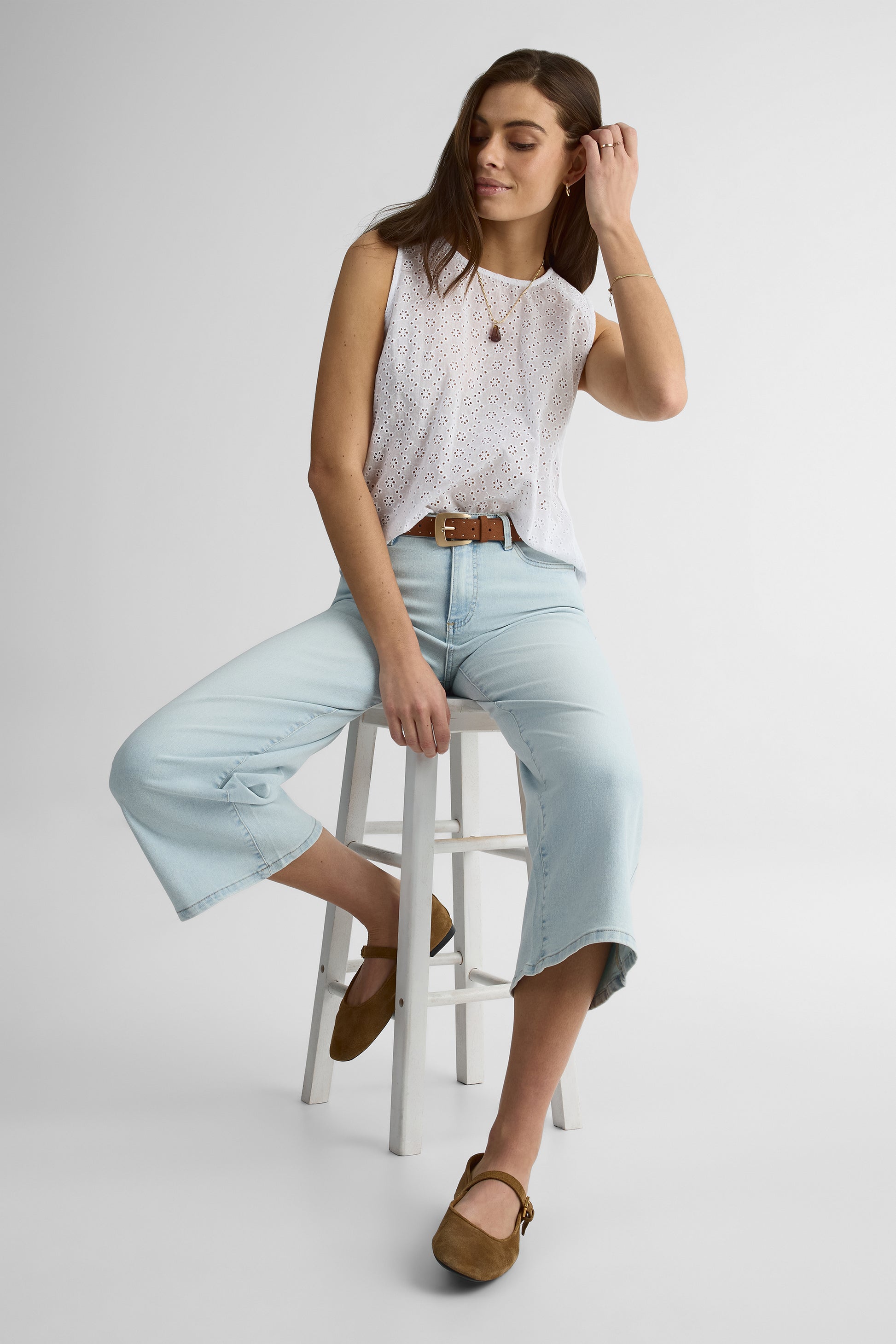 Camisole col rond en coton mélangé – Femme && BLANC