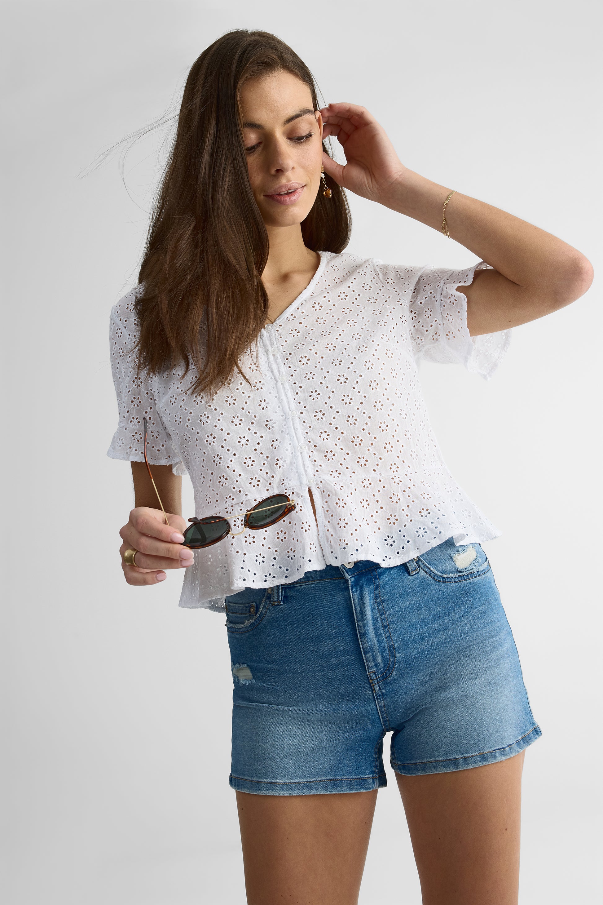 Chemisier peplum à manches courtes – Femme && BLANC