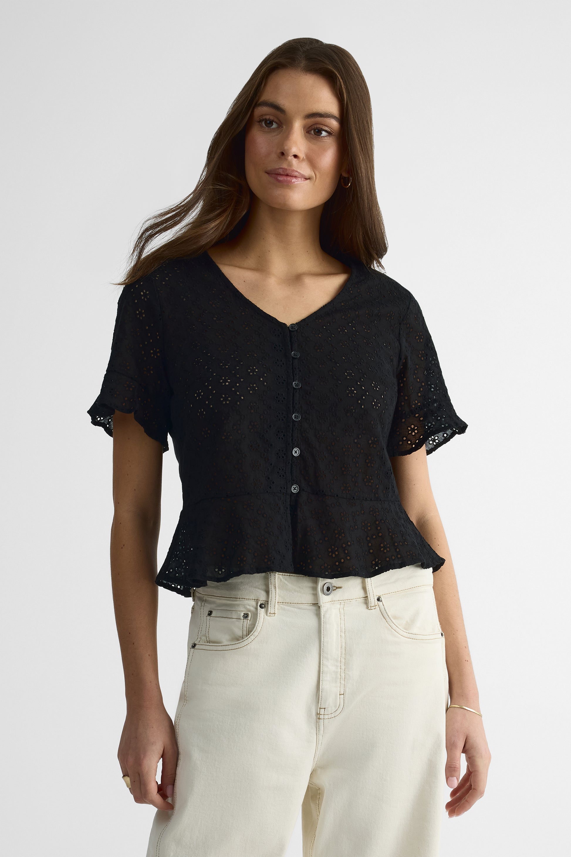 Chemisier peplum à manches courtes – Femme && CHARBON