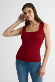 Camisole col carré ajustée en pointelle - Femme && ROUGE