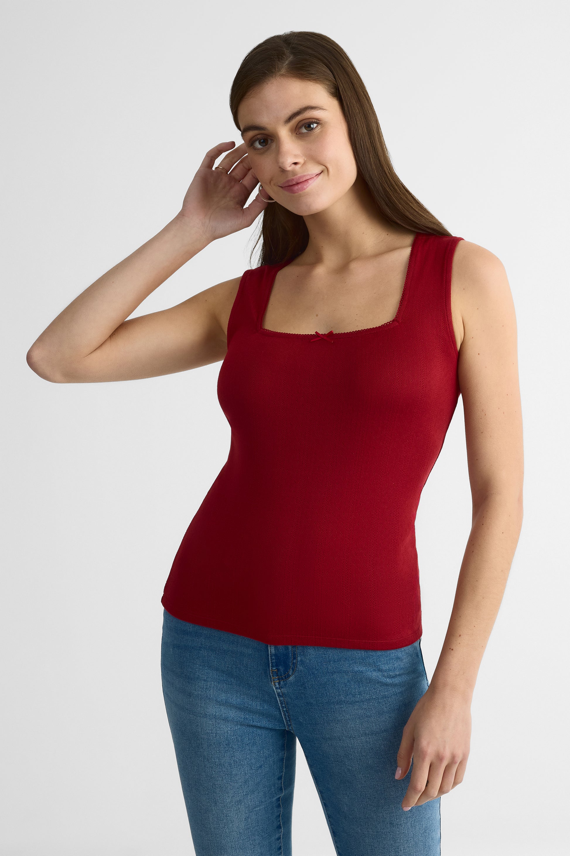 Camisole col carré ajustée en pointelle - Femme && ROUGE