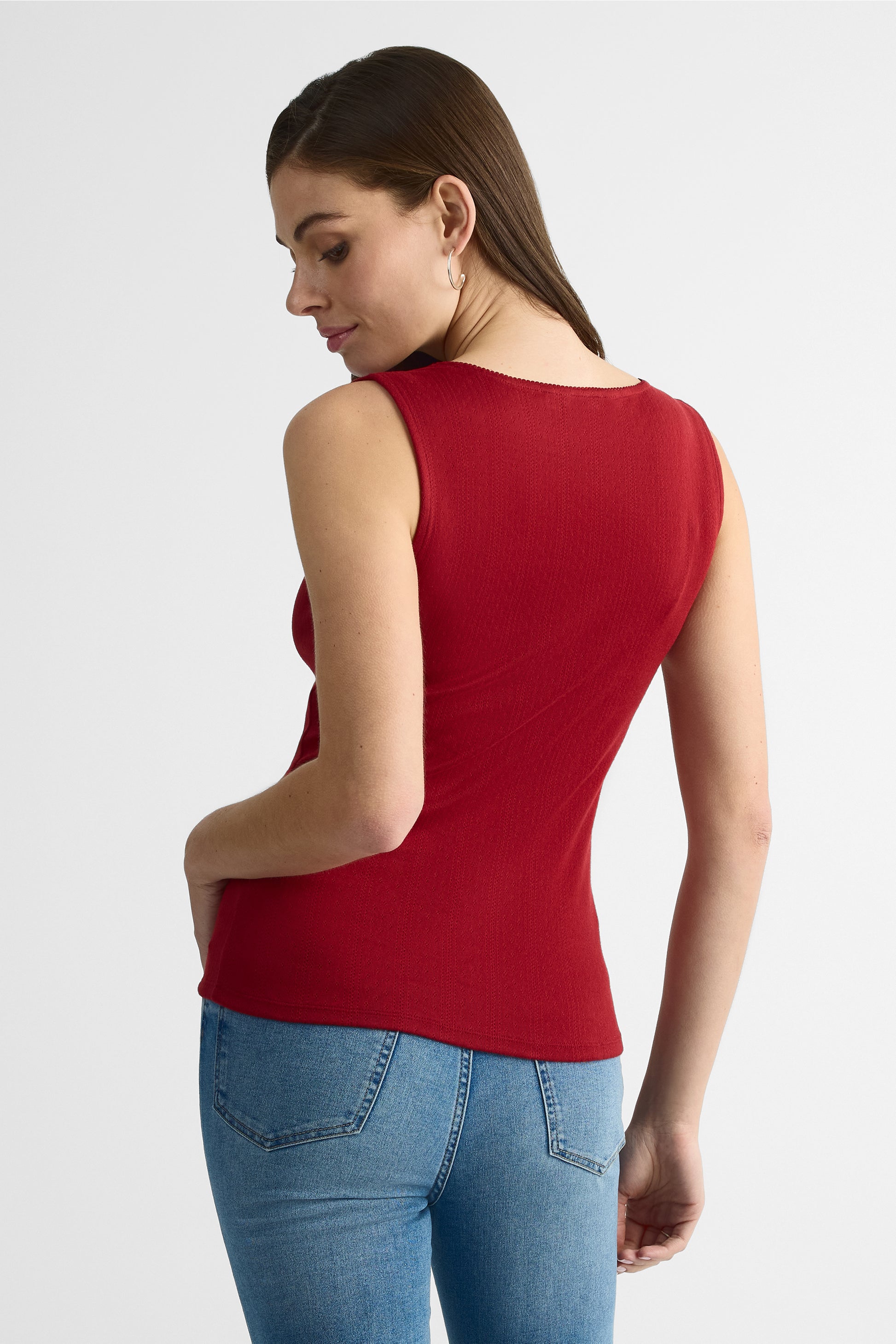 Camisole col carré ajustée en pointelle - Femme && ROUGE