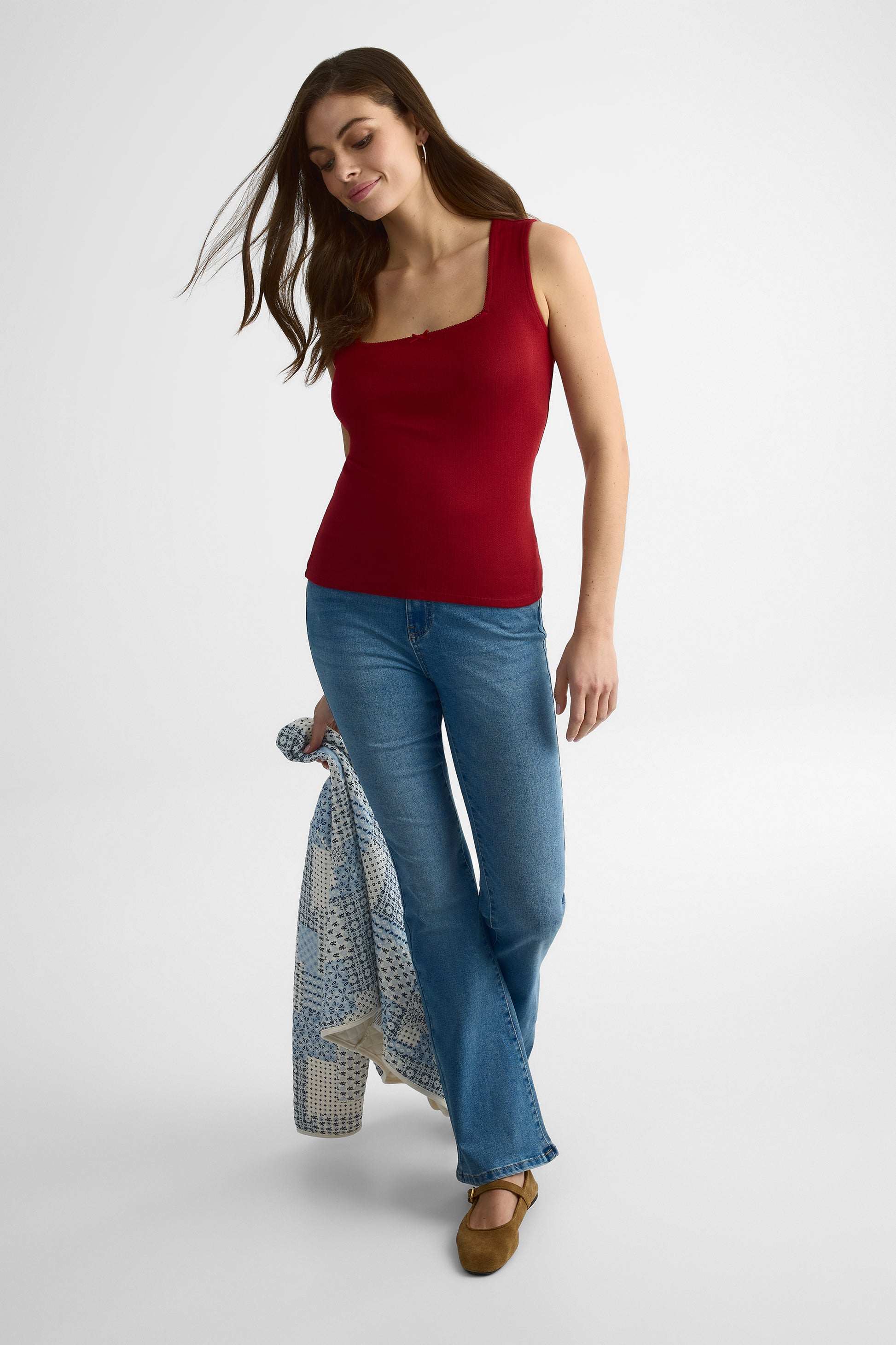 Camisole col carré ajustée en pointelle - Femme && ROUGE