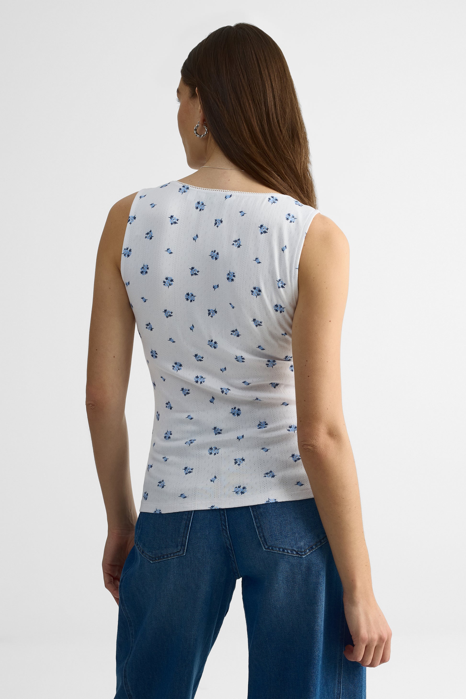 Camisole col carré ajustée en pointelle - Femme && BLANC MULTI