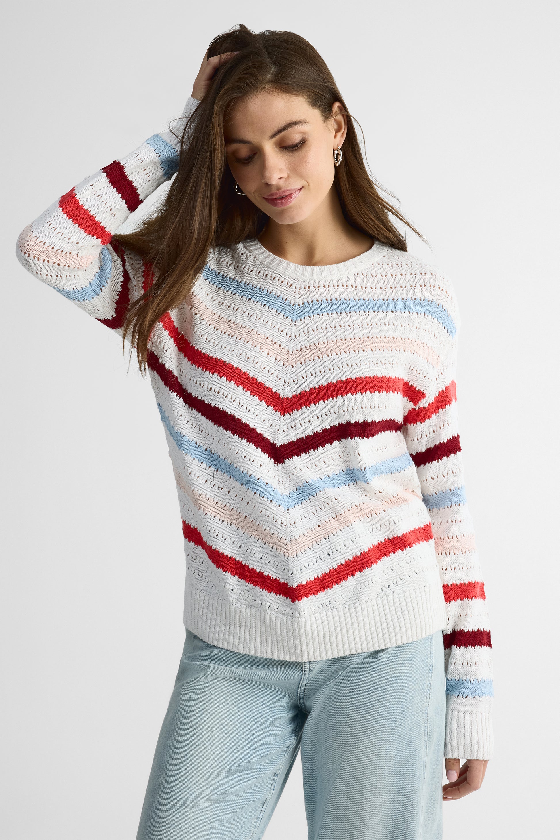 Chandail tricot rayé à manches longues – Femme && ROUGE/MULTI