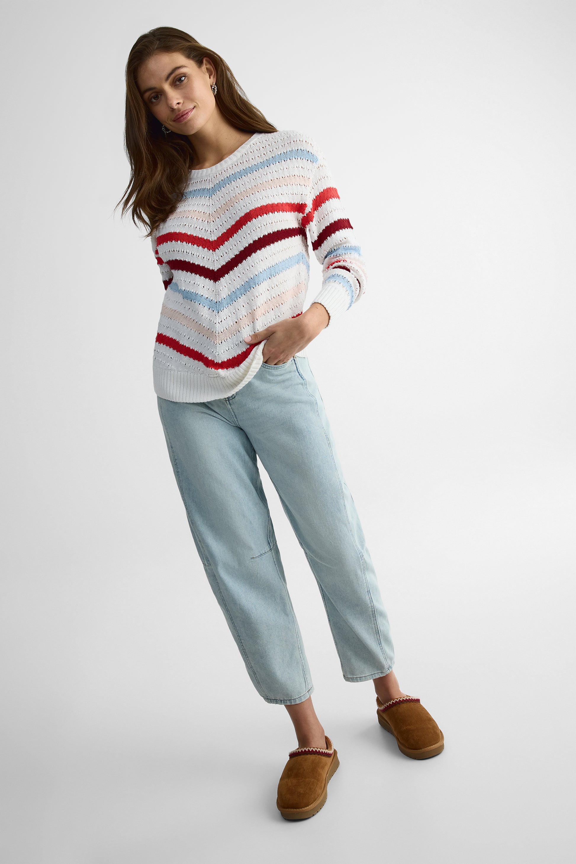 Chandail tricot rayé à manches longues – Femme && ROUGE/MULTI