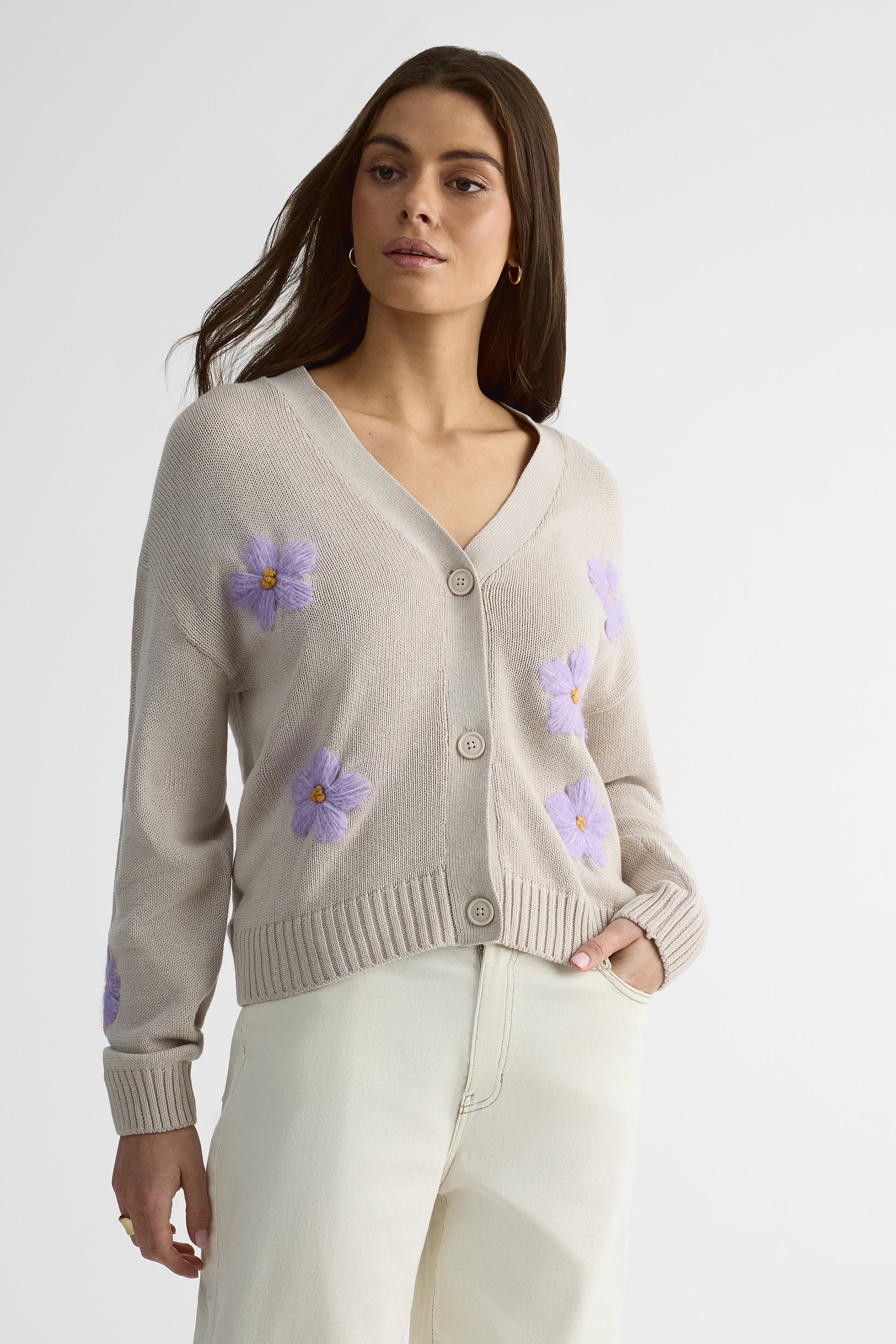 Cardigan M/longues boxy en coton - Femme && OATMEAL