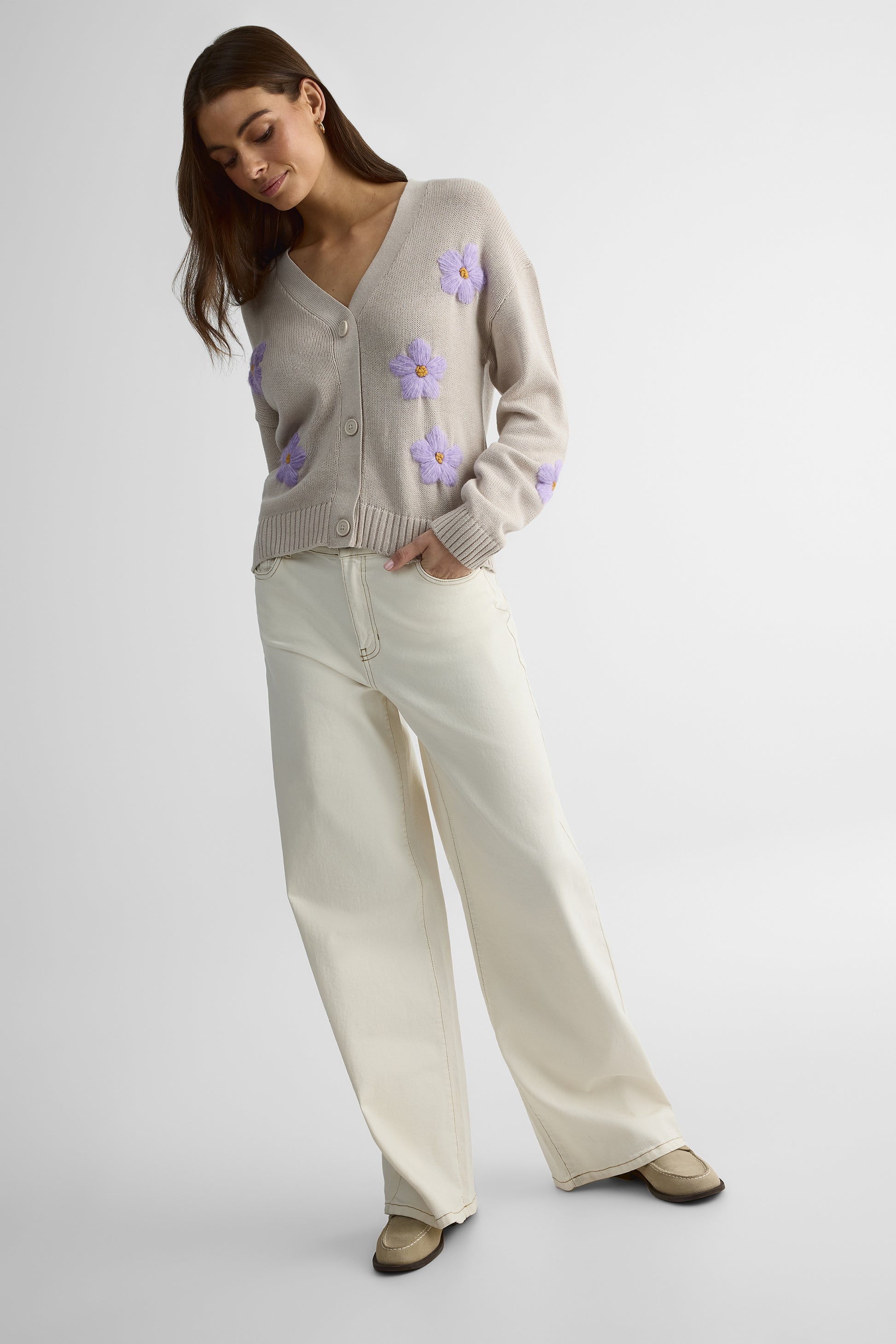 Cardigan M/longues boxy en coton - Femme && OATMEAL