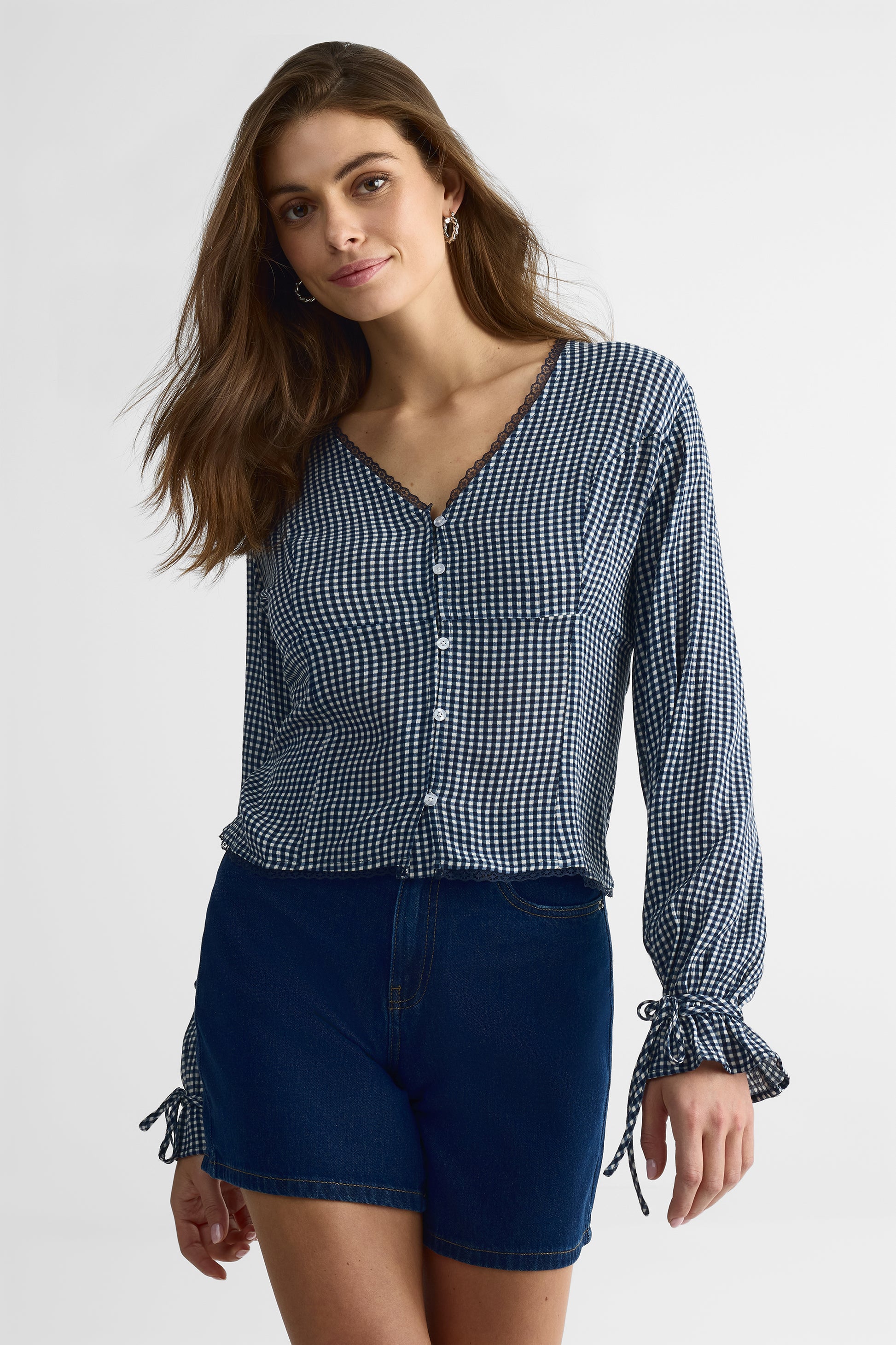 Blouse M/longues col V ajustée – Femme && MARIN/MULTI