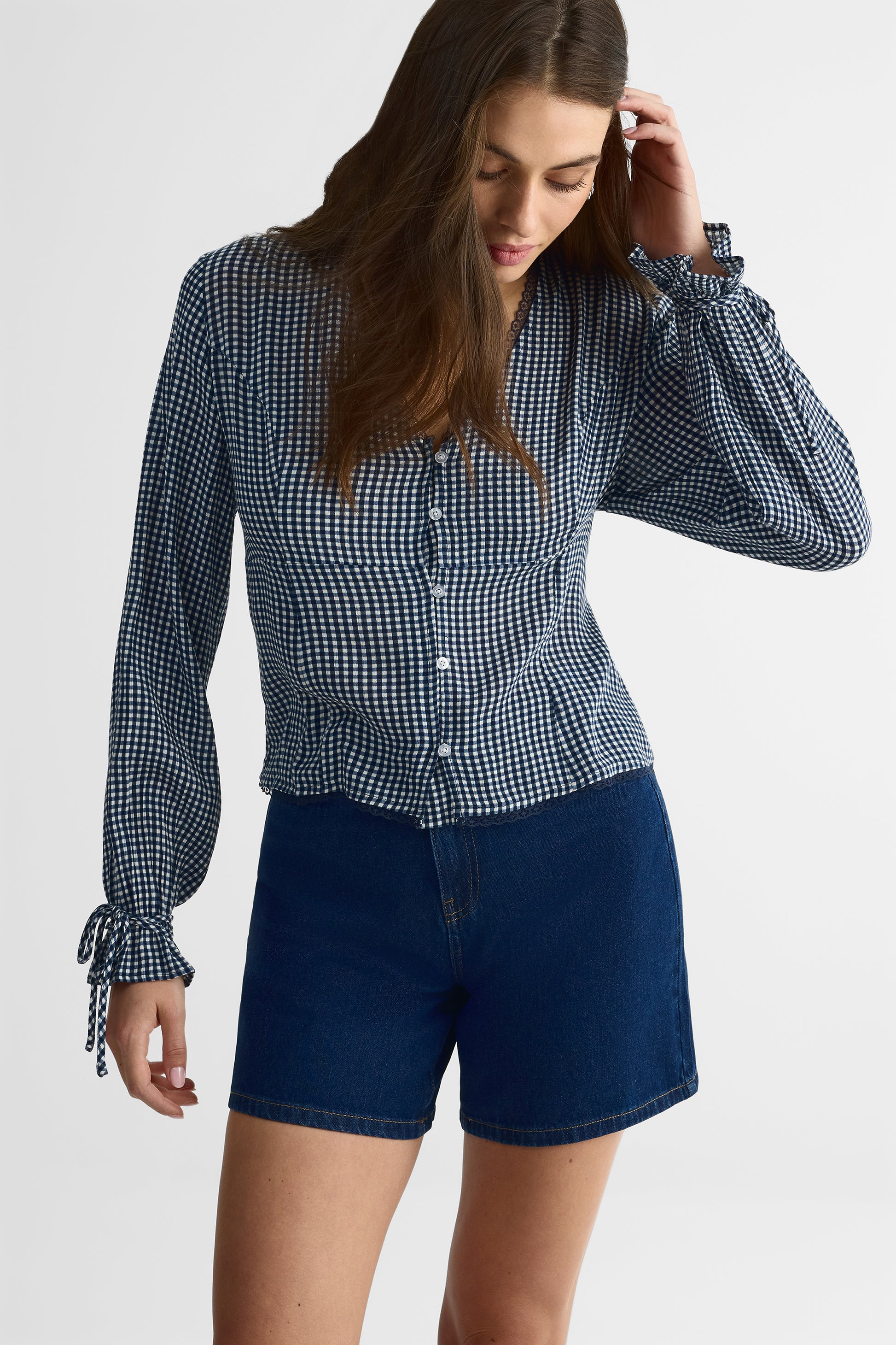 Blouse M/longues col V ajustée – Femme && MARIN/MULTI
