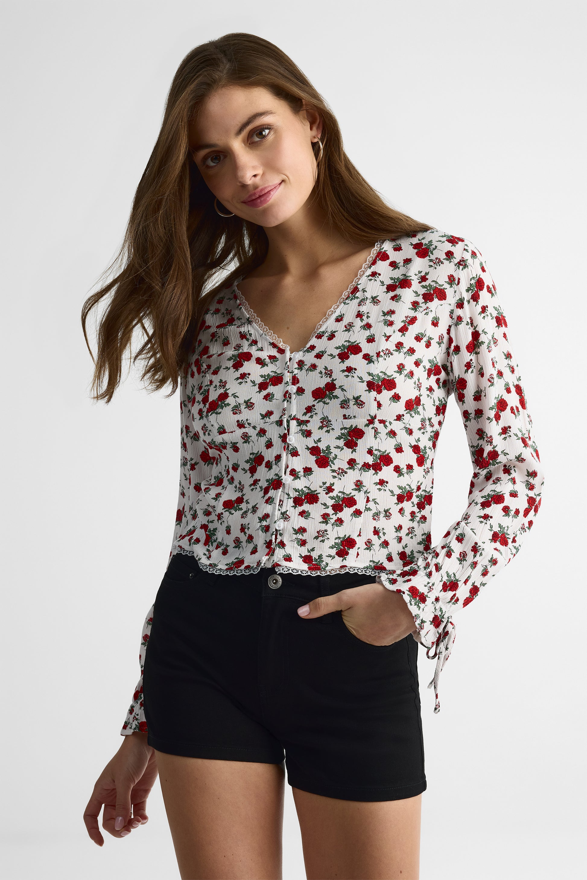 Blouse M/longues col V ajustée – Femme && ROUGE/MULTI