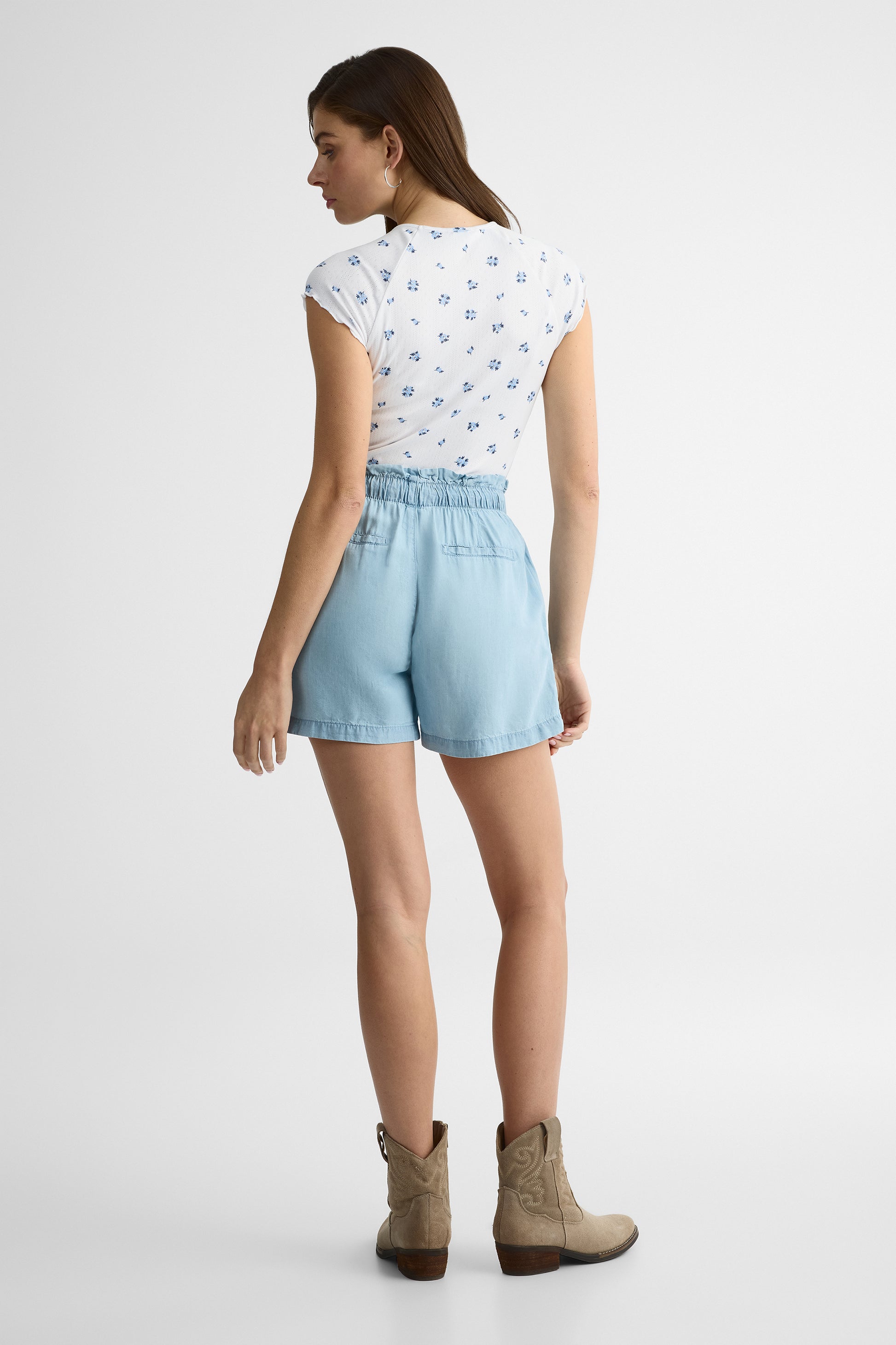 Short taille haute élastique avec poches - Femme && BLEU PALE
