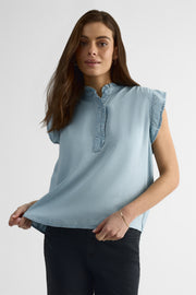 Blouse M/courtes col ruffle – Femme && BLEU PALE