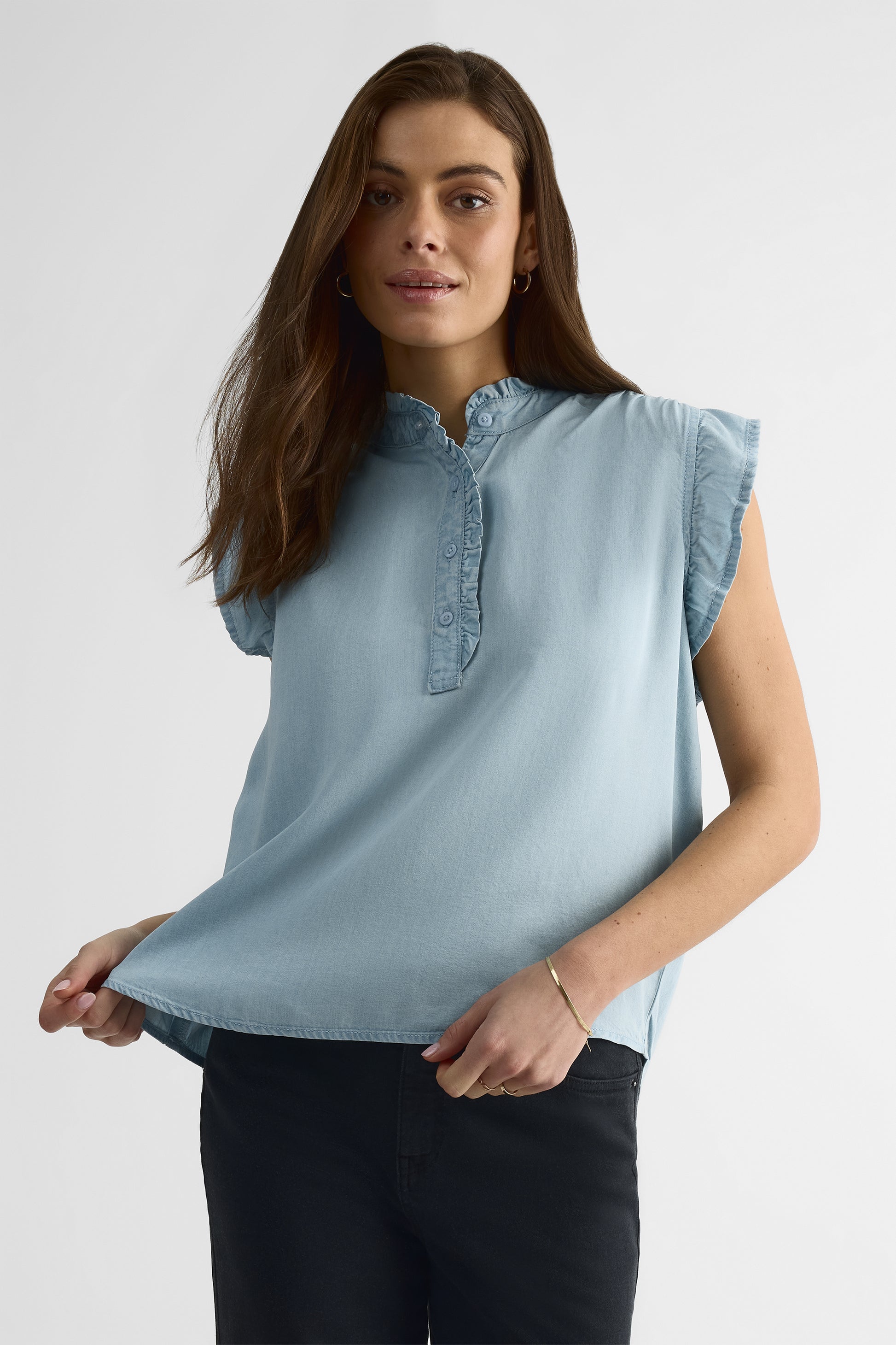 Blouse M/courtes col ruffle – Femme && BLEU PALE