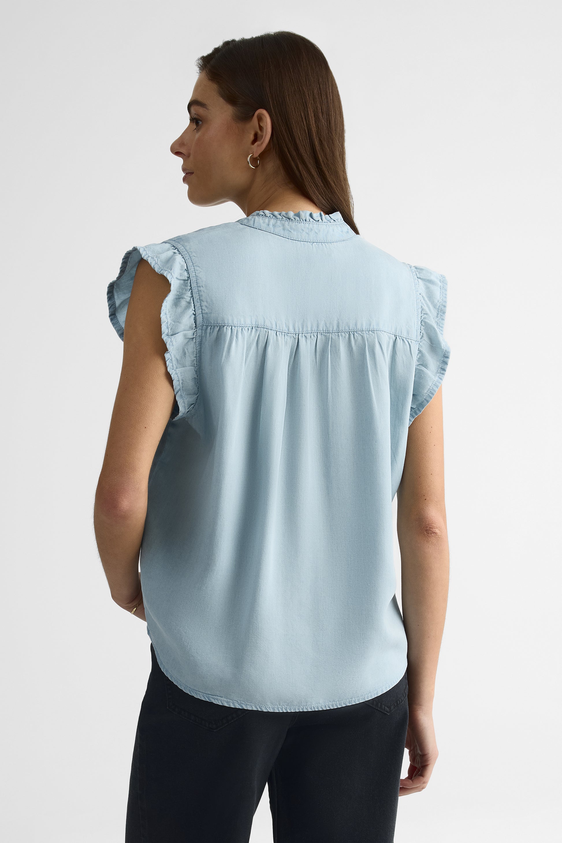 Blouse M/courtes col ruffle – Femme && BLEU PALE