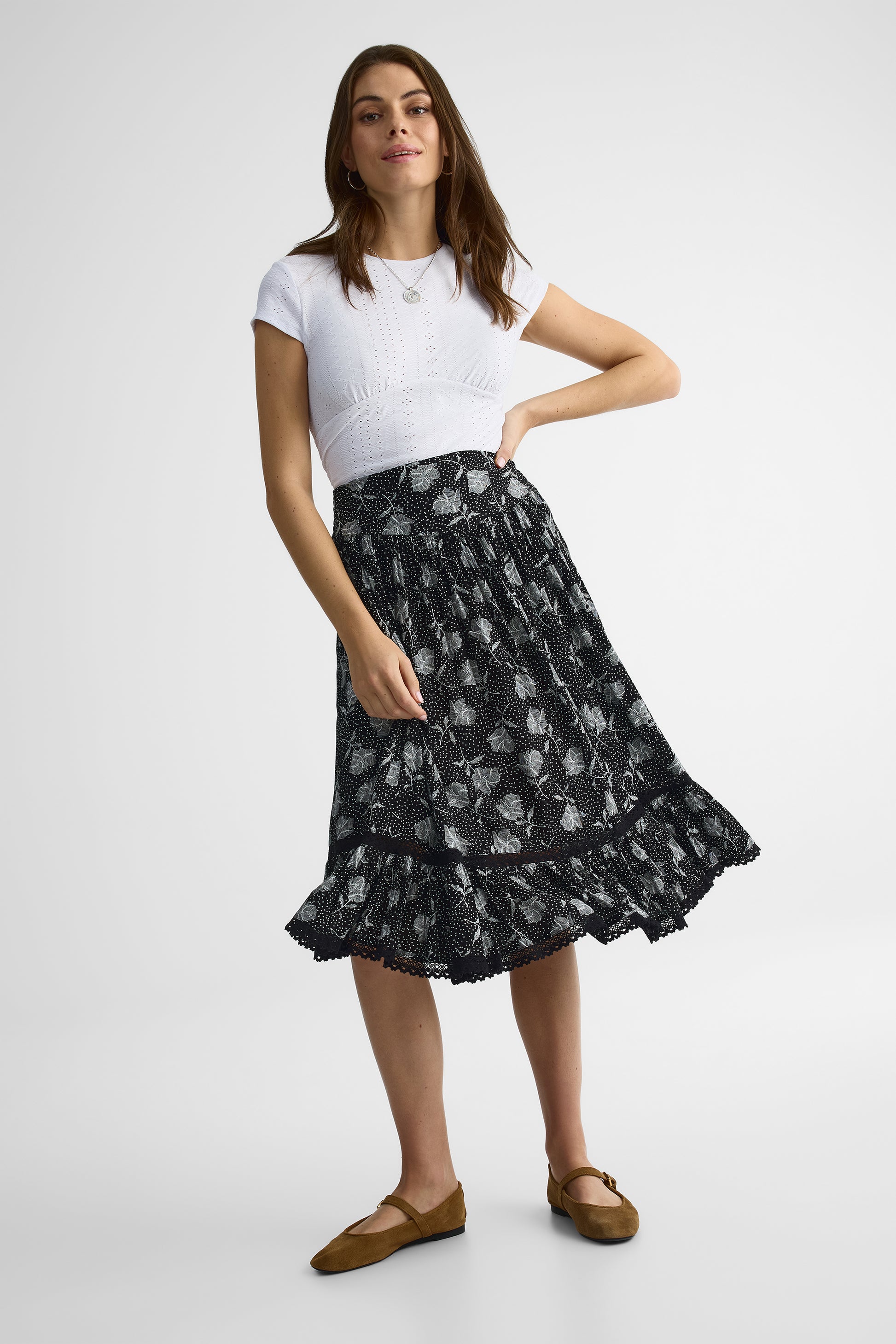 Jupe midi volume taille haute – Femme && CHARBON/MULTI