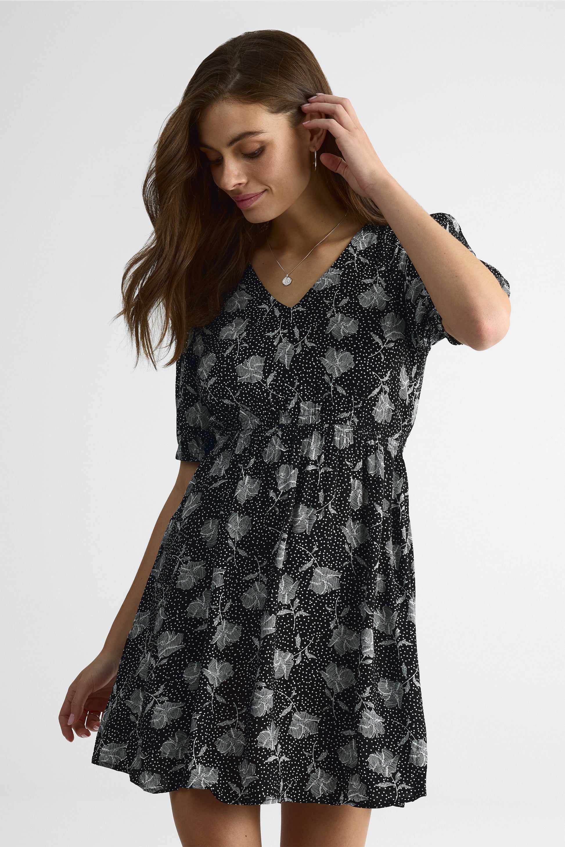 Robe M/courtes V Neck – Femme, Imprimé Aop && CHARBON/MULTI