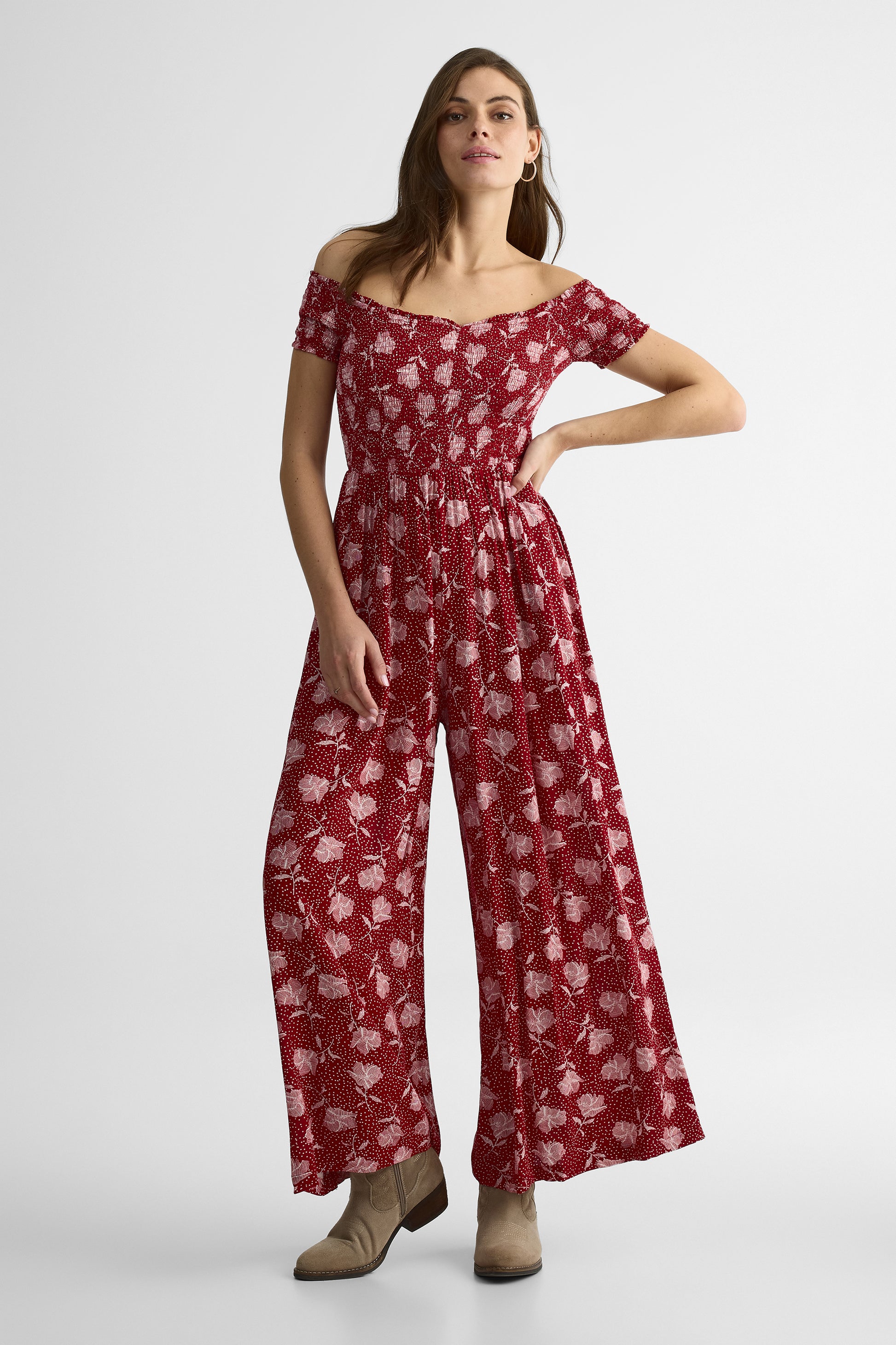 Jumpsuit V-neck à épaules dénudées – Femme && ROUGE/MULTI