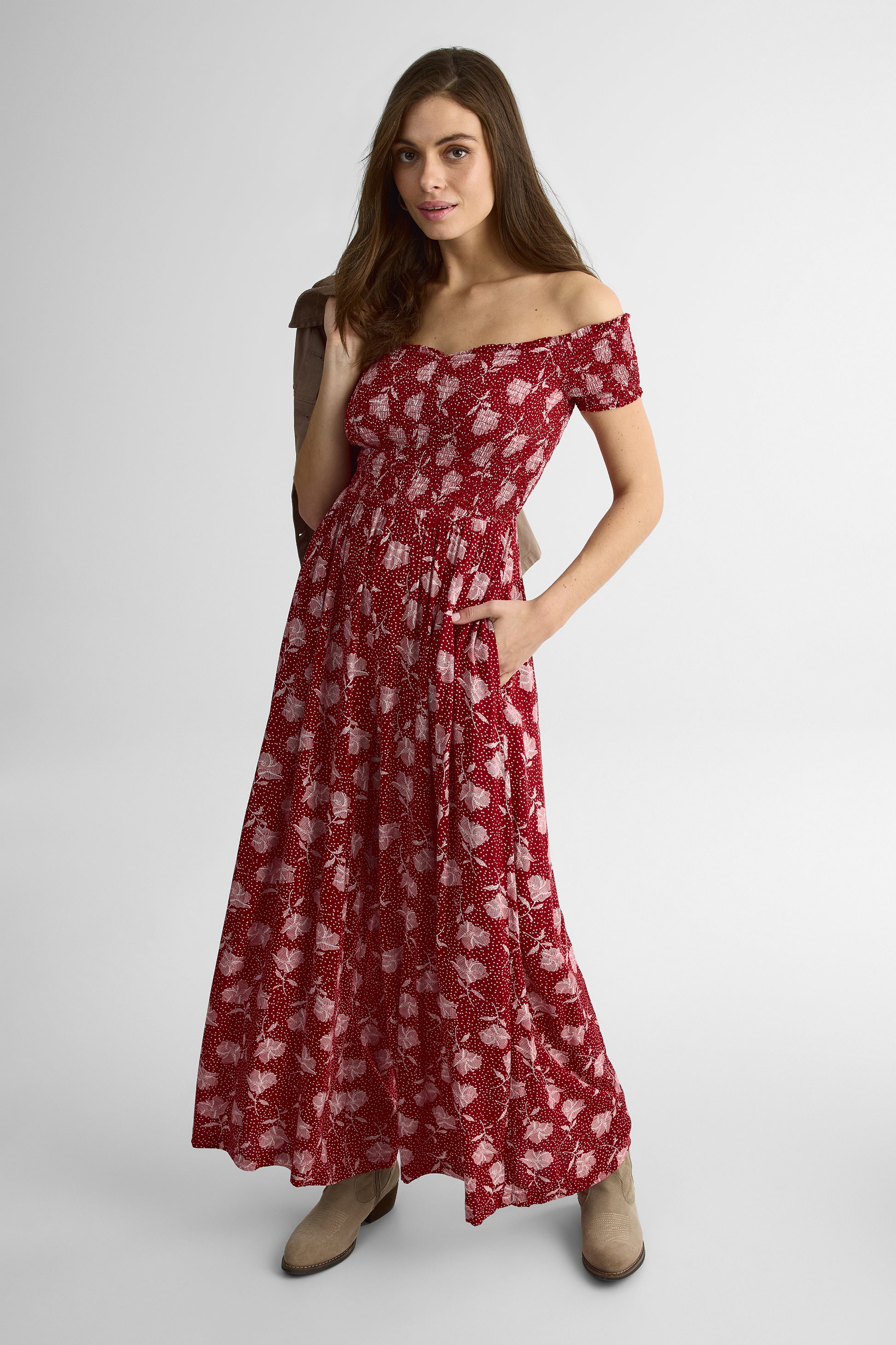 Jumpsuit V-neck à épaules dénudées – Femme && ROUGE/MULTI