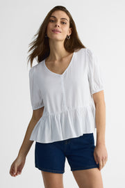 Blouse M/courtes V Neck, Manches Ballon - Femme && BLANC