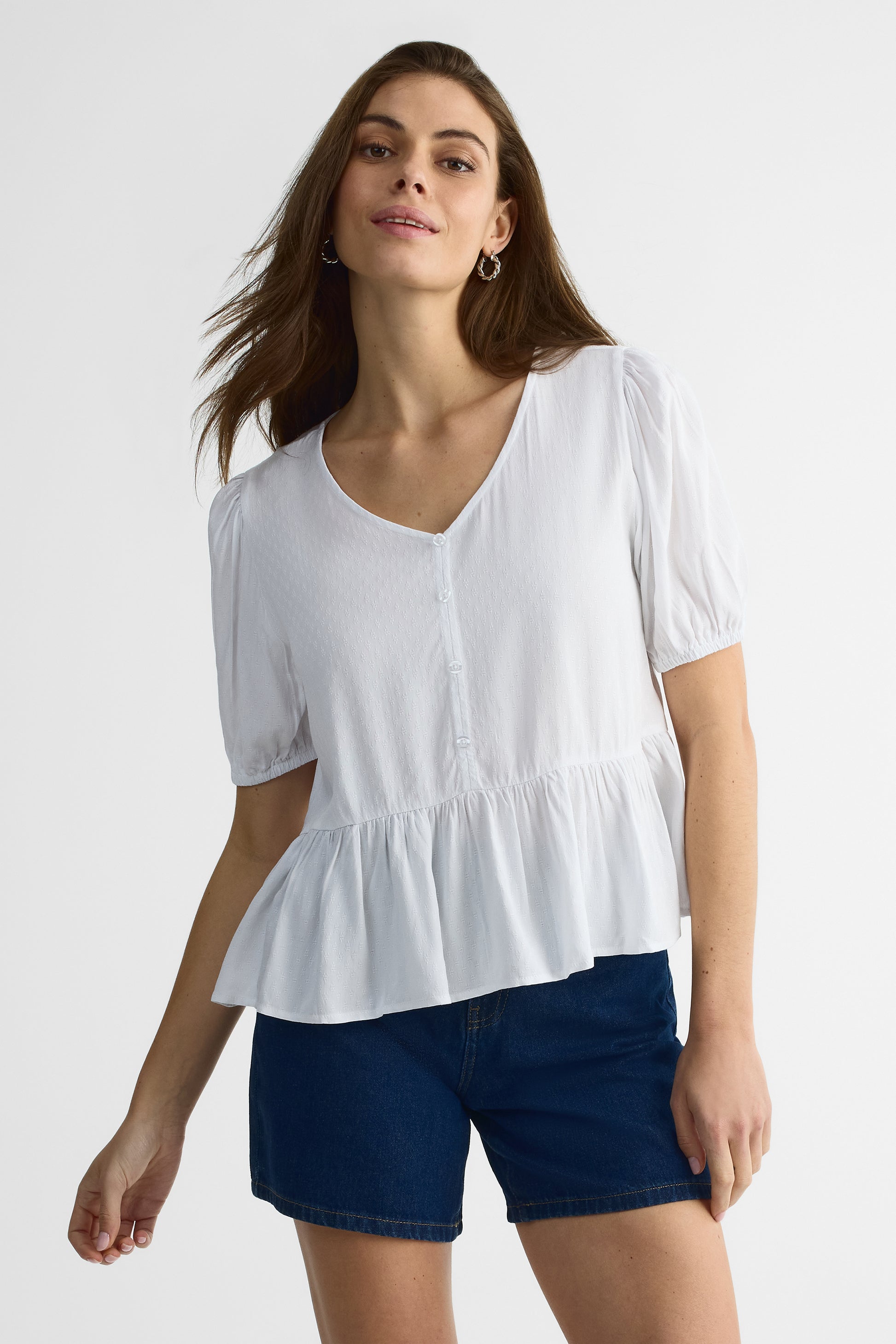 Blouse M/courtes V Neck, Manches Ballon - Femme && BLANC