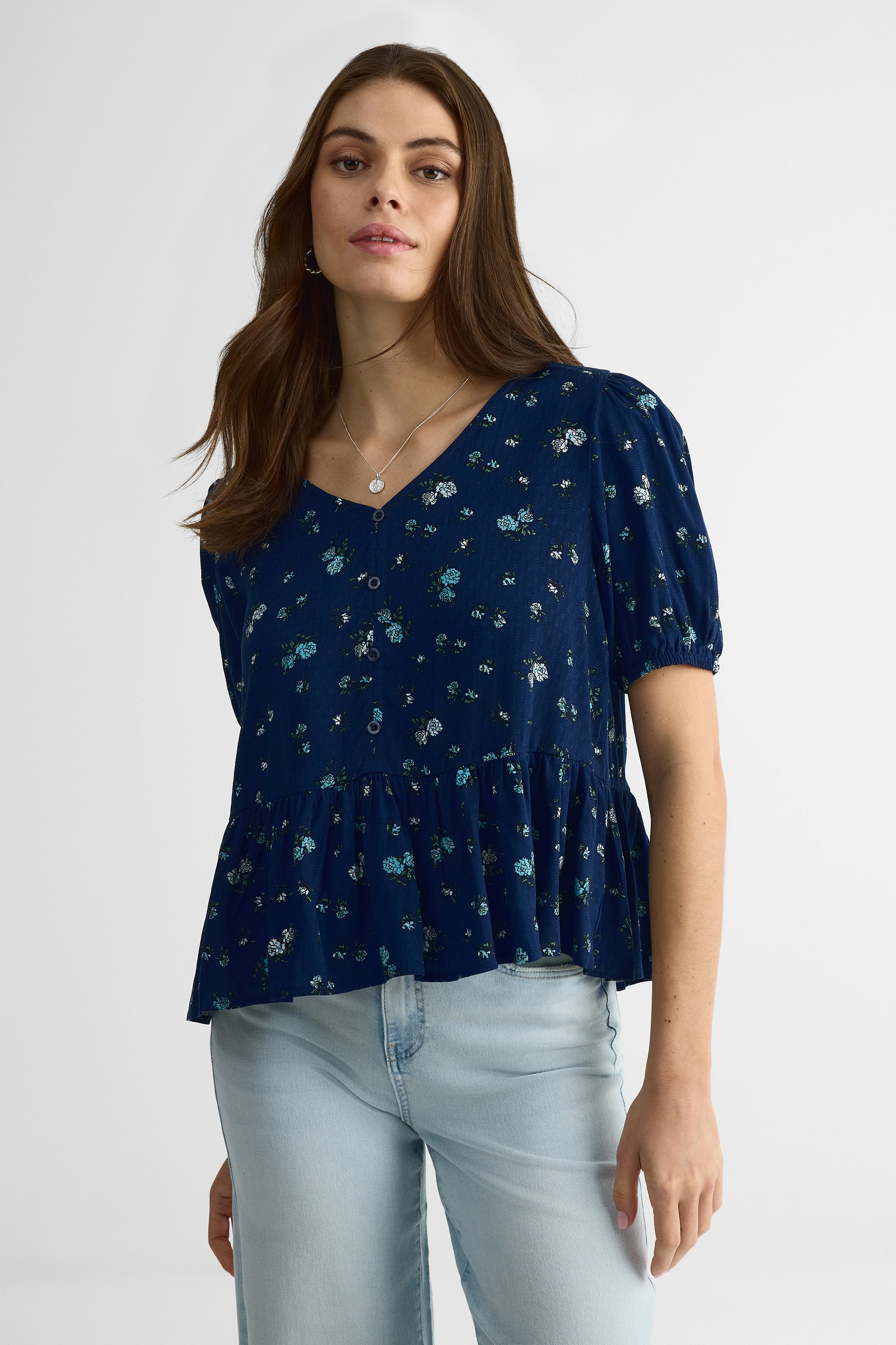 Blouse M/courtes V Neck, Manches Ballon - Femme && MARIN/MULTI