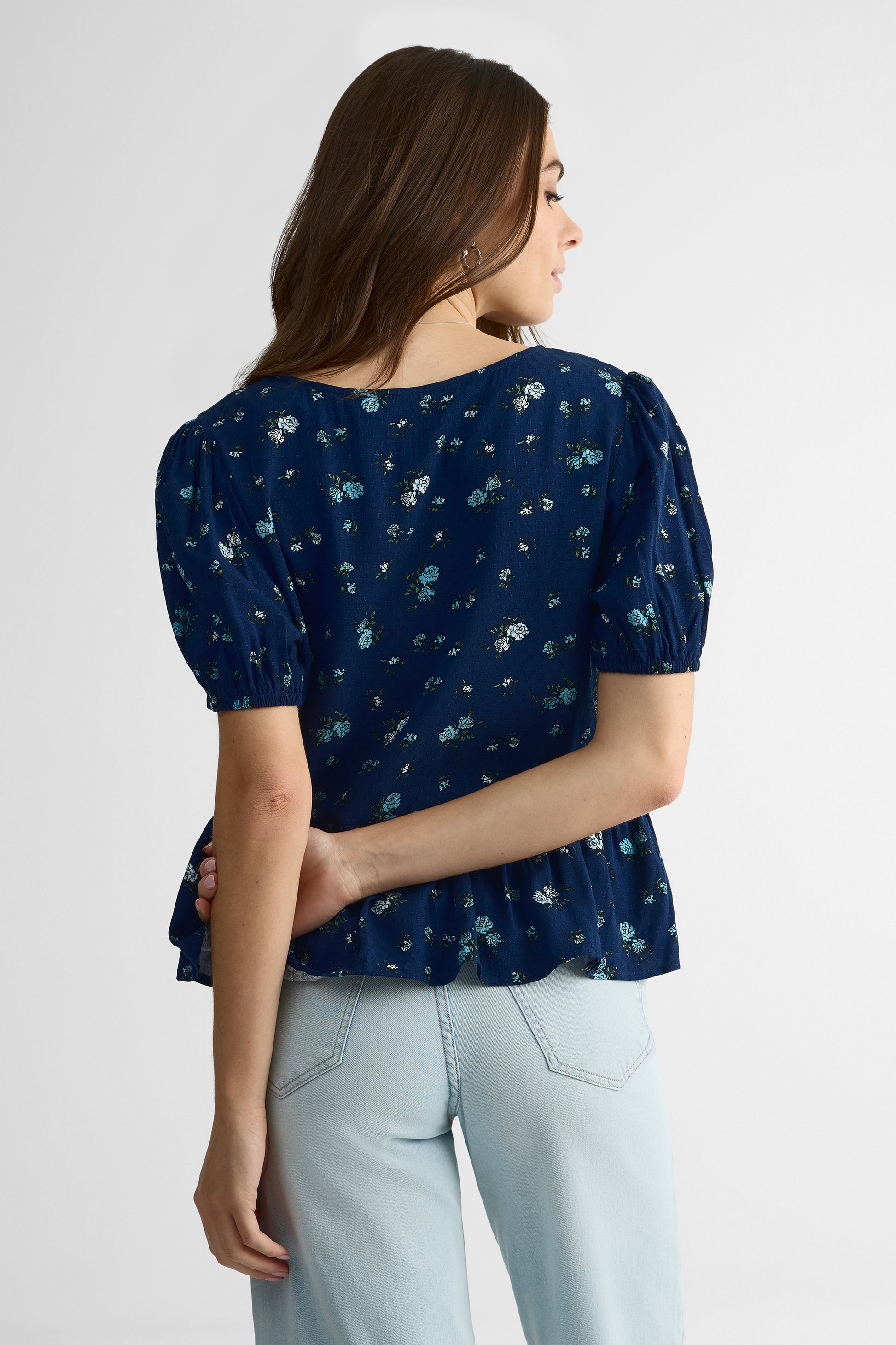 Blouse M/courtes V Neck, Manches Ballon - Femme && MARIN/MULTI