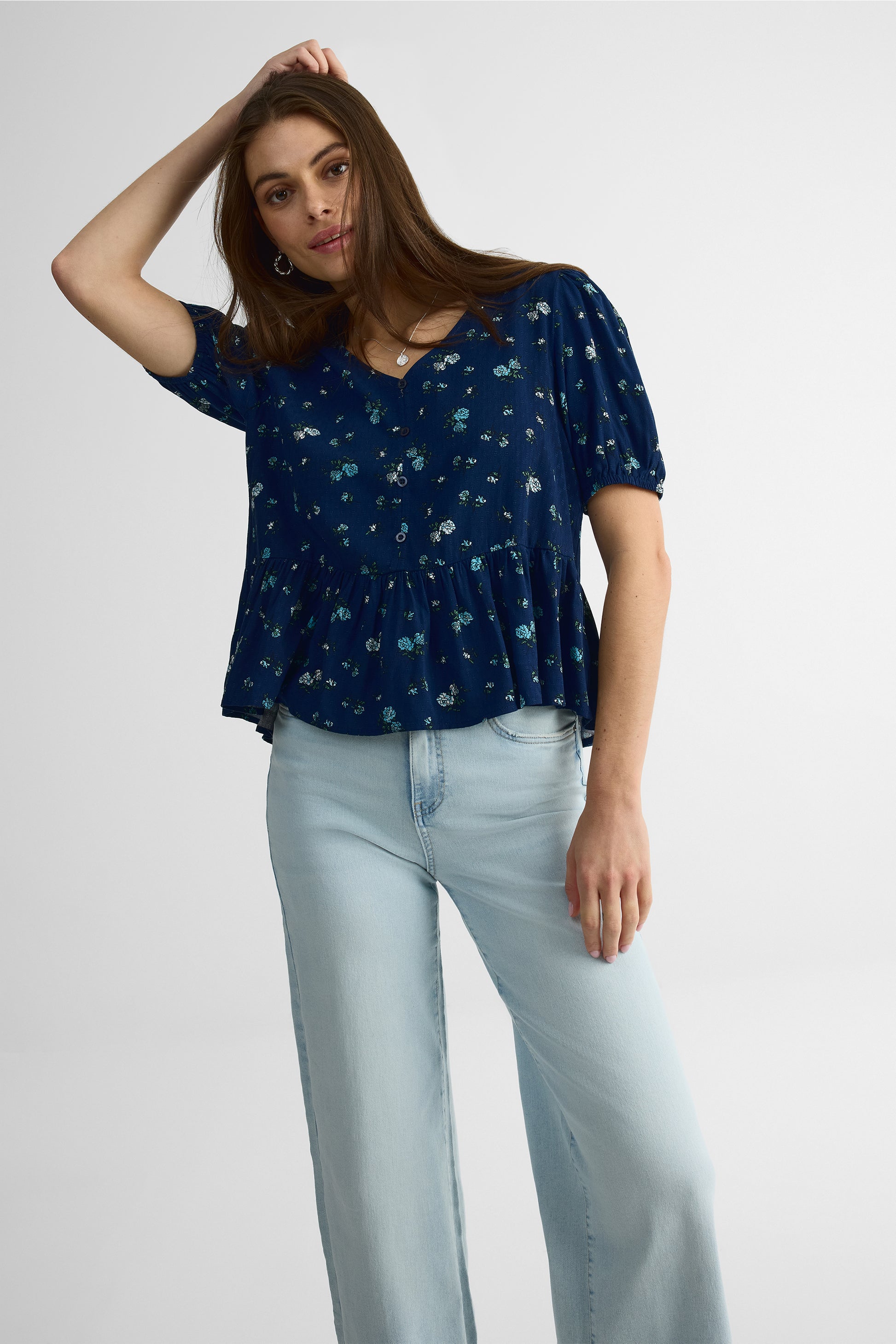 Blouse M/courtes V Neck, Manches Ballon - Femme && MARIN/MULTI