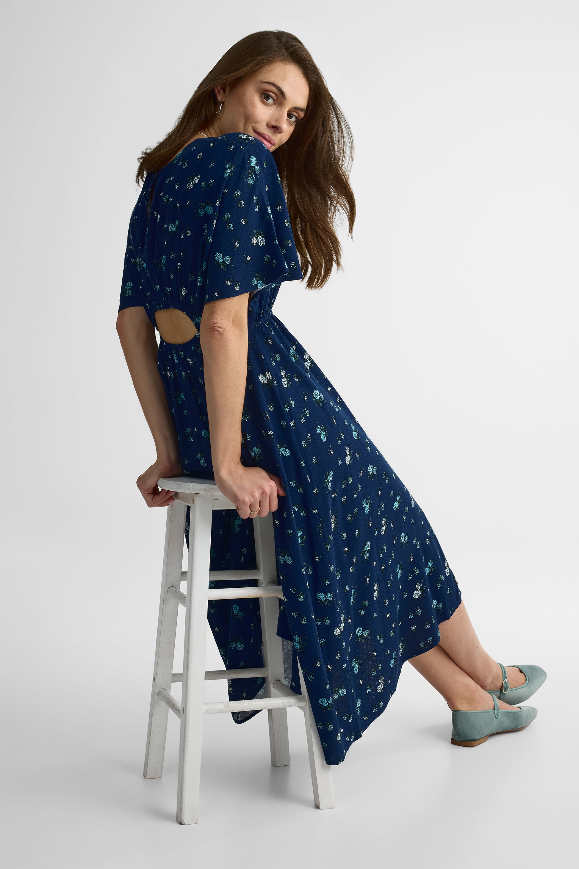Robe maxi imprimée, m/courtes, col rond - Femme && MARIN/MULTI