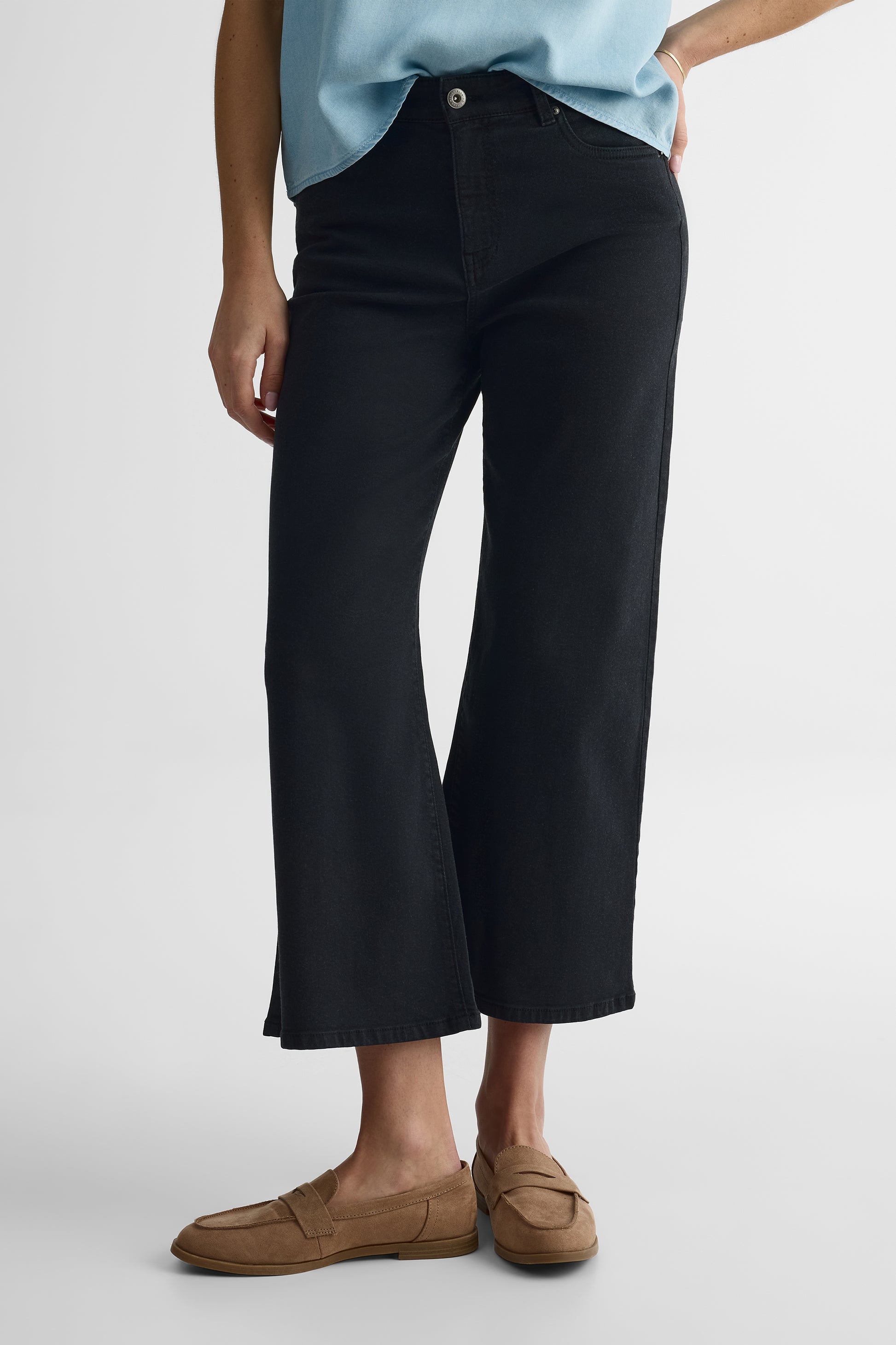 Pantalon taille haute cropped en denim - Femme && CHARBON
