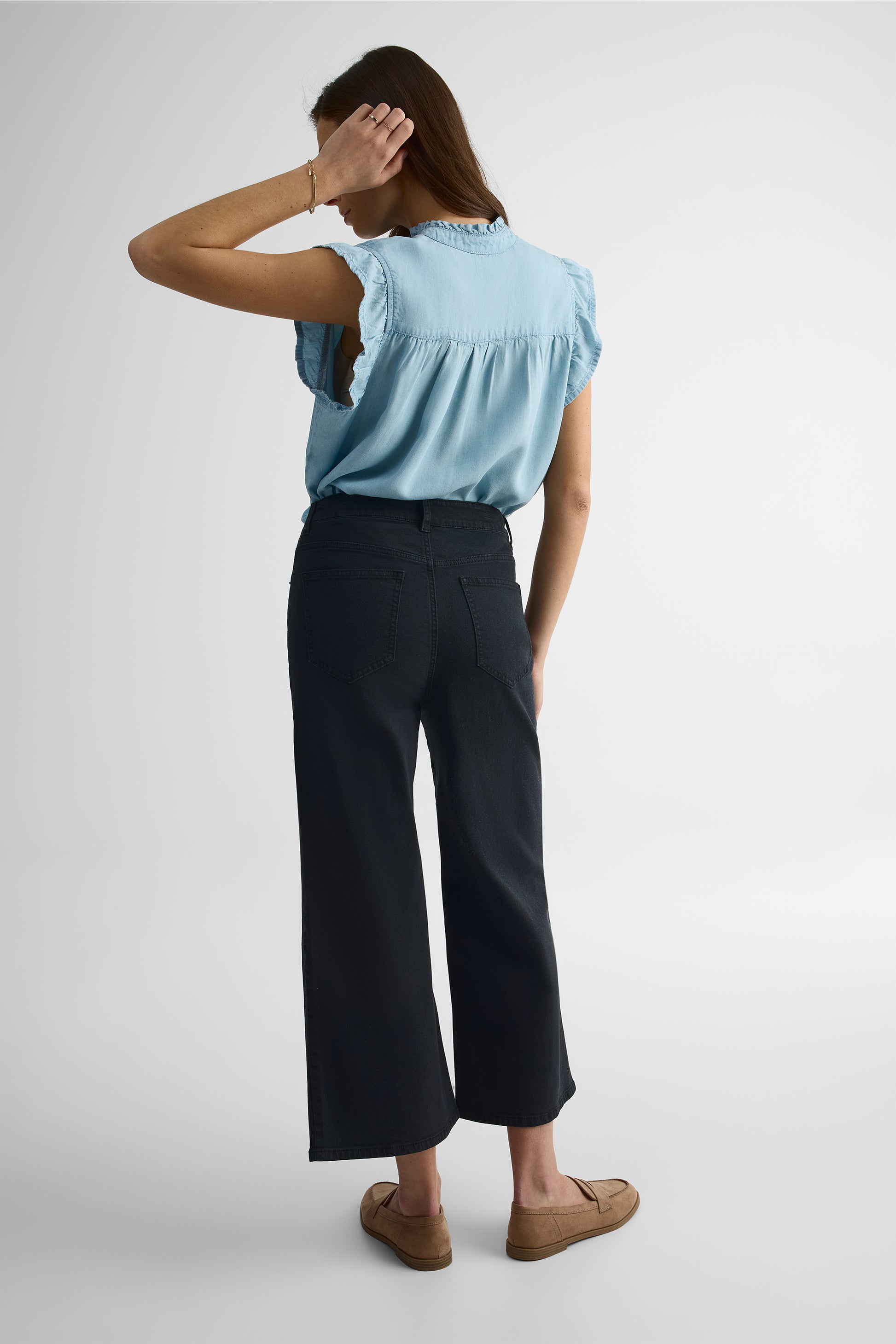 Pantalon taille haute cropped en denim - Femme && CHARBON