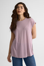 Chandail M/courtes col rond rayé – Femme && BORDEAUX