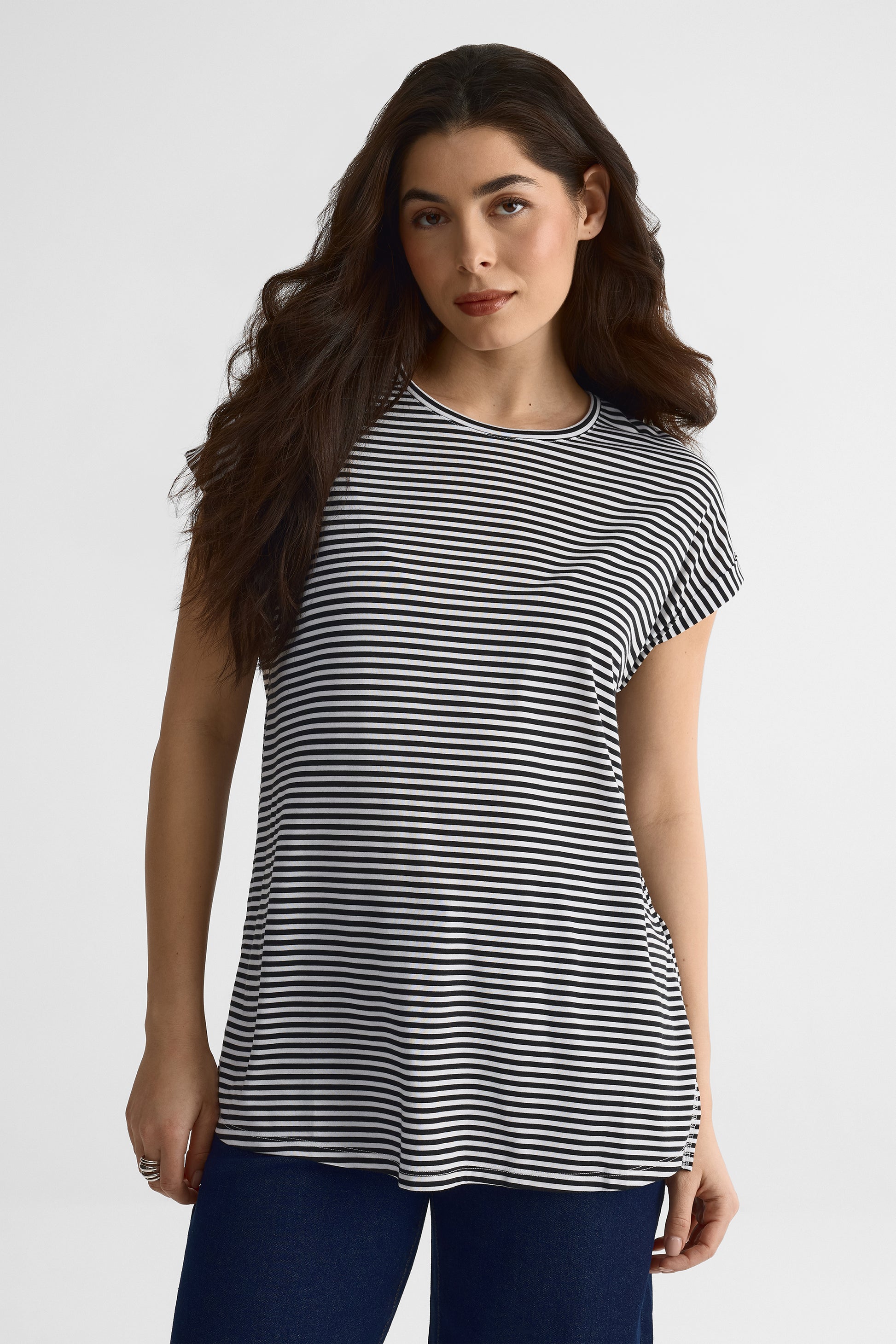 Chandail M/courtes col rond rayé – Femme && CHARBON/MULTI