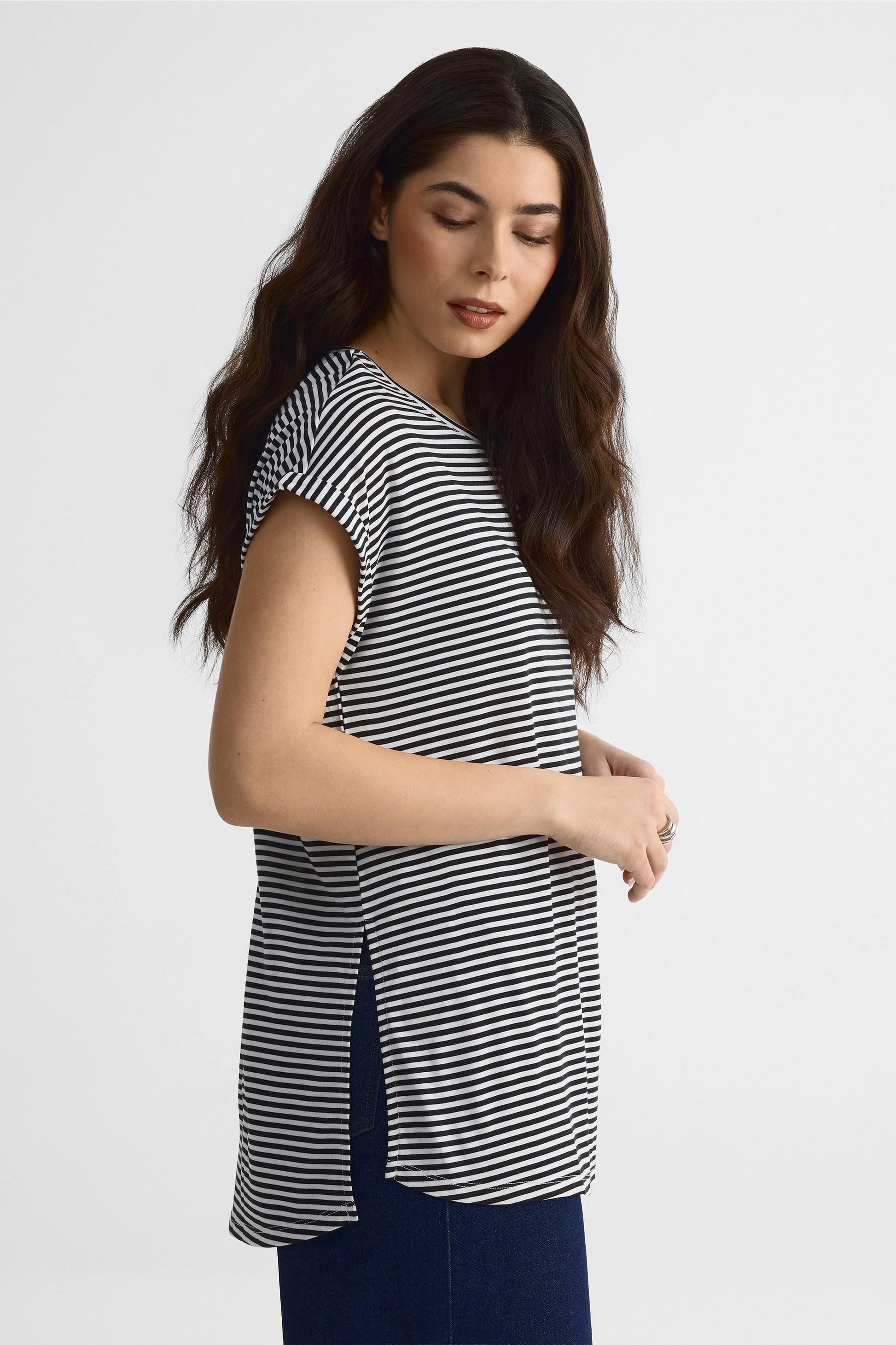 Chandail M/courtes col rond rayé – Femme && CHARBON/MULTI
