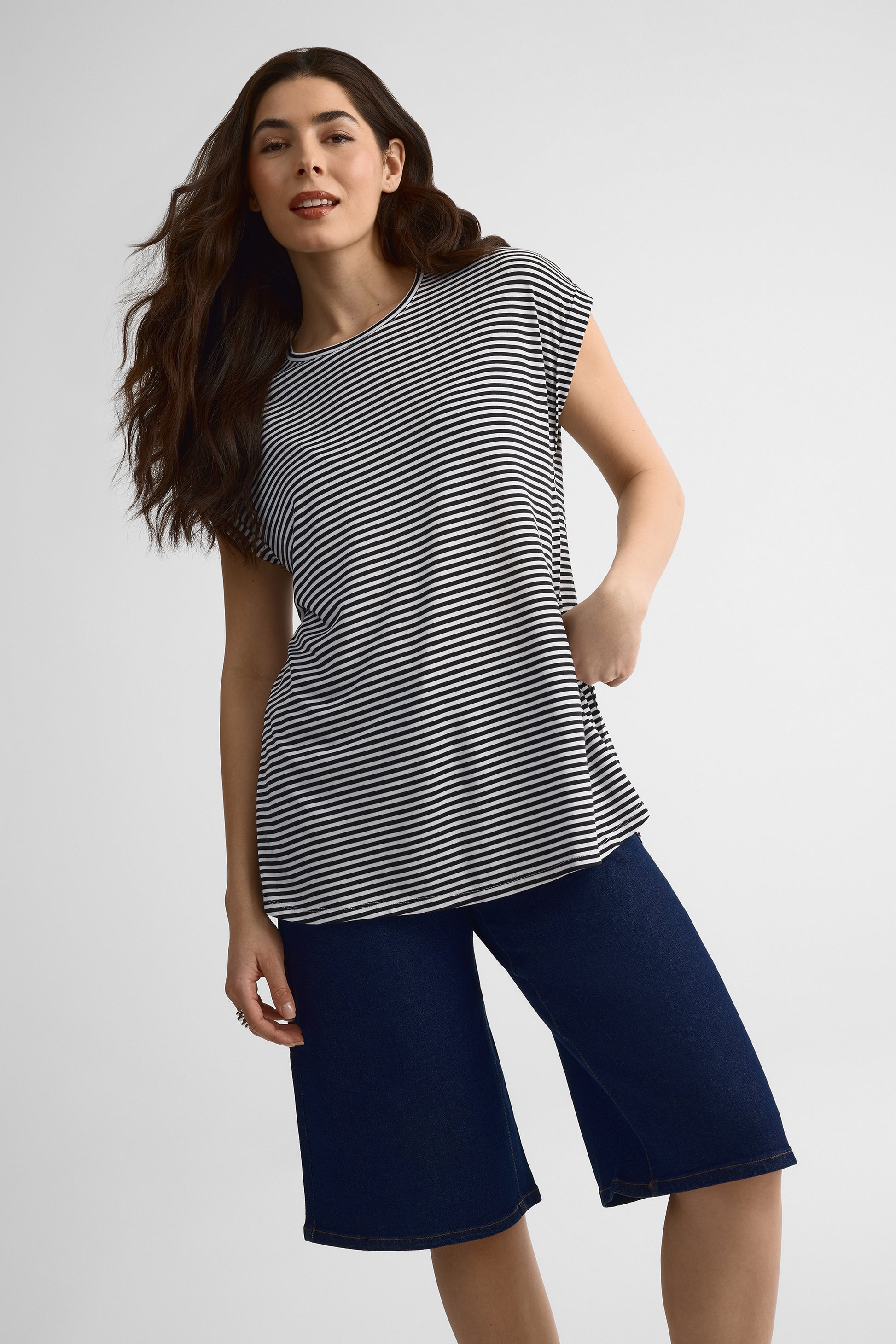 Chandail M/courtes col rond rayé – Femme && CHARBON/MULTI