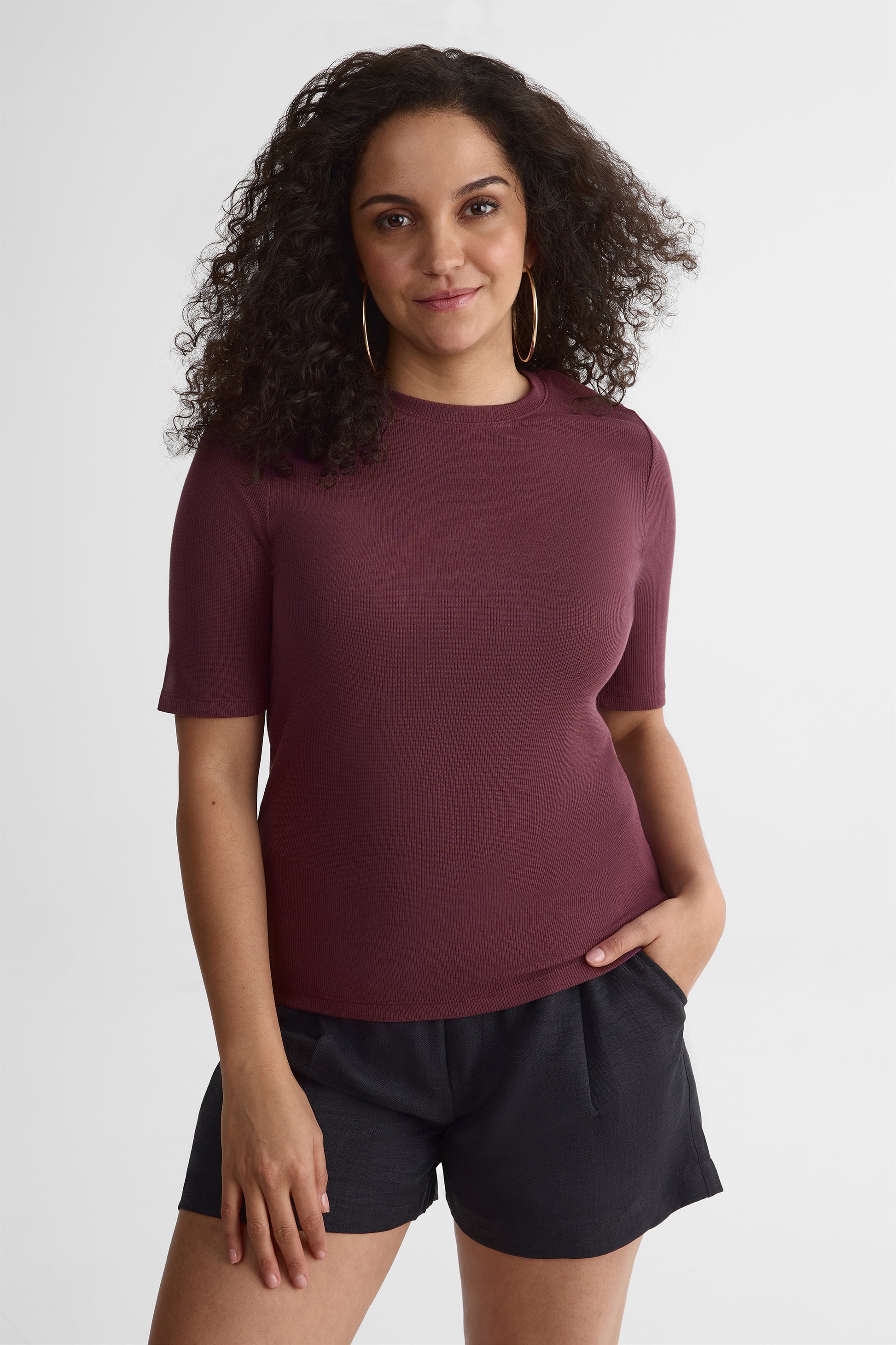 Chandail M/courtes en modal, coupe droite - Femme && AUBERGINE