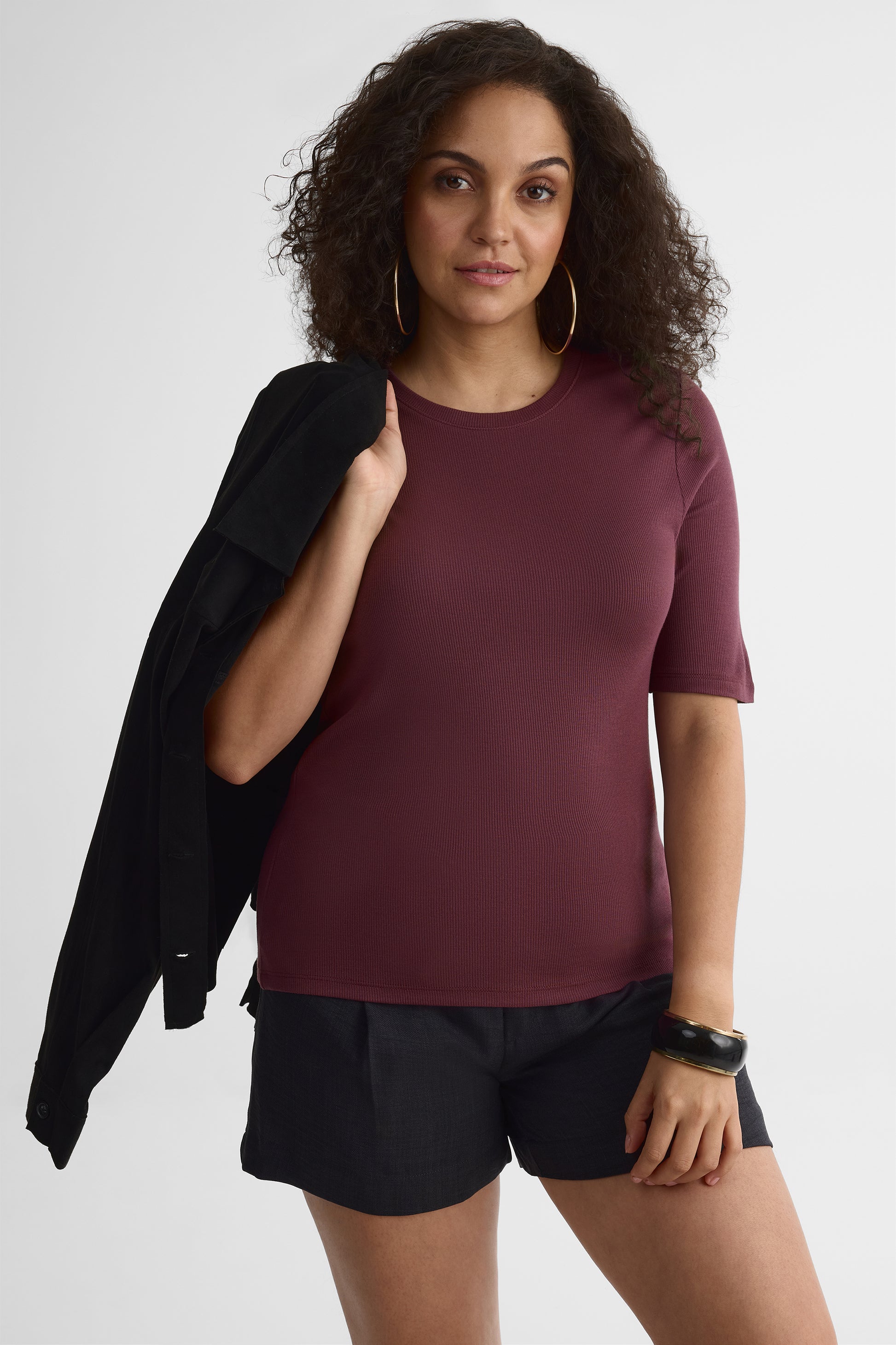 Chandail M/courtes en modal, coupe droite - Femme && AUBERGINE