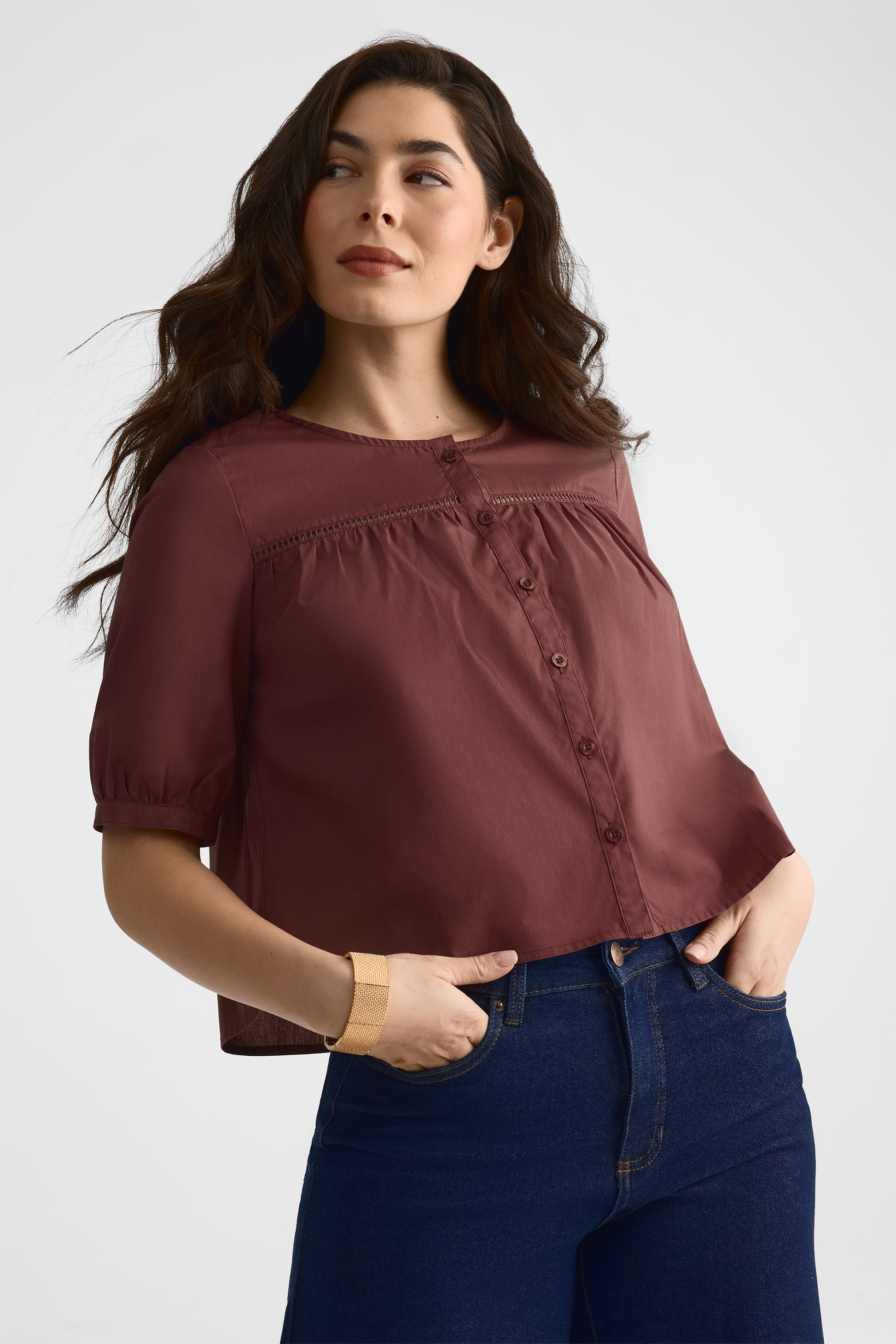 Blouse manches ballons en popeline - Femme && AUBERGINE