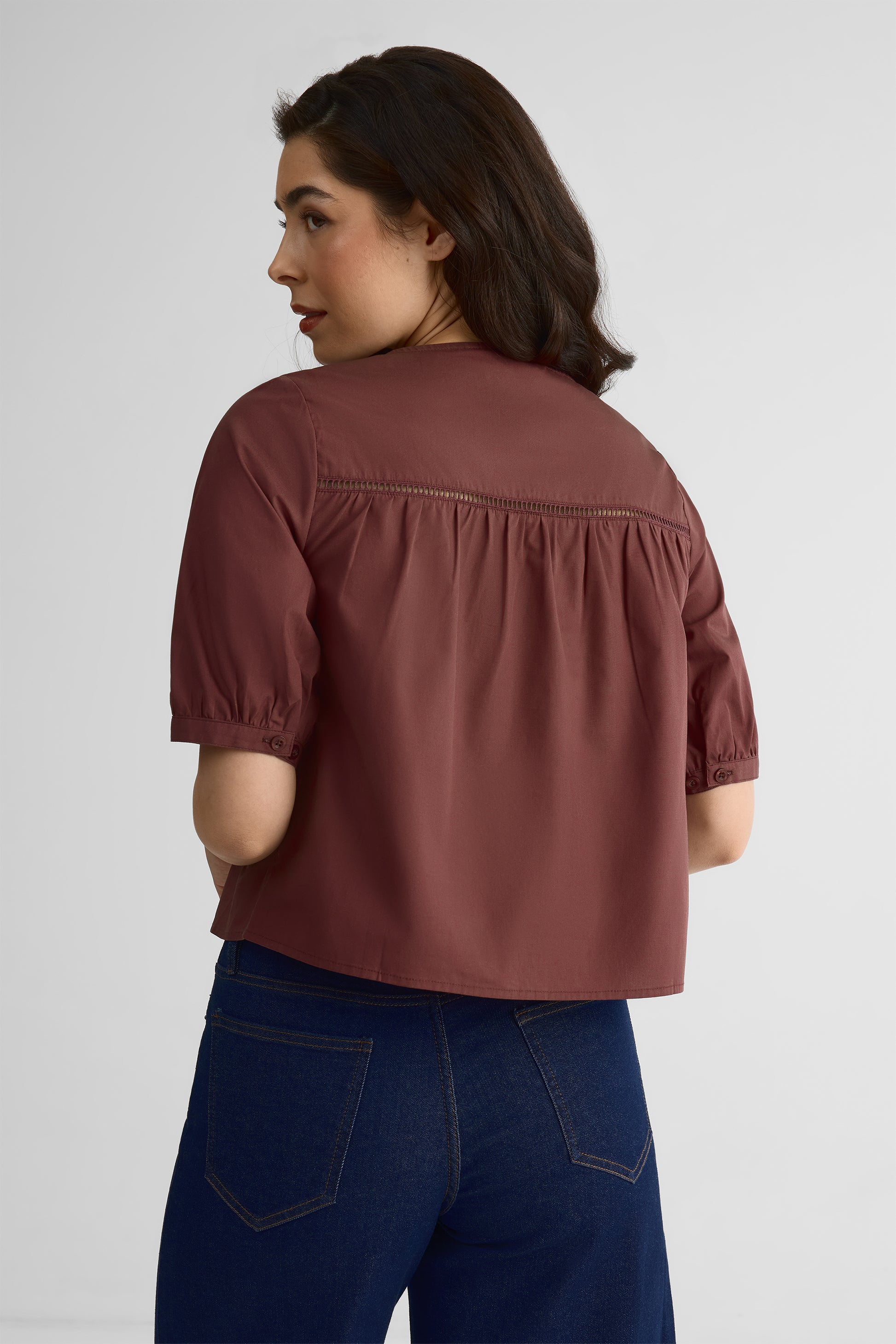 Blouse manches ballons en popeline - Femme && AUBERGINE