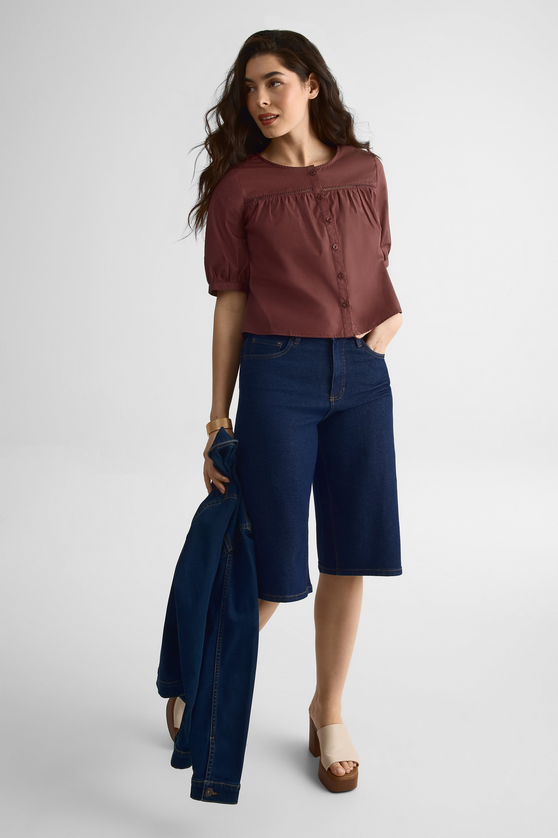 Blouse manches ballons en popeline - Femme && AUBERGINE