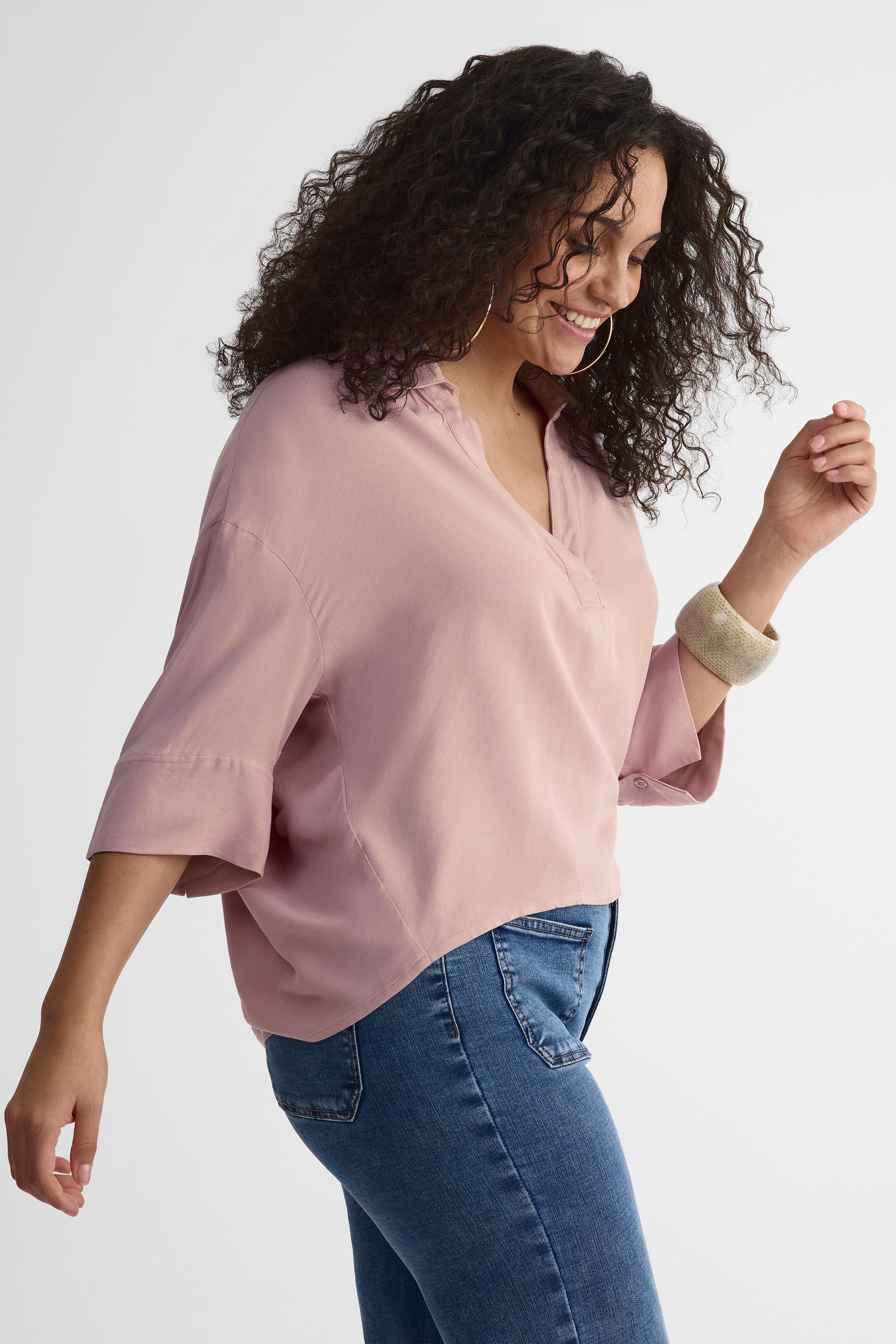 Blouse manches aux coudes col ouvert – Femme && ROSE