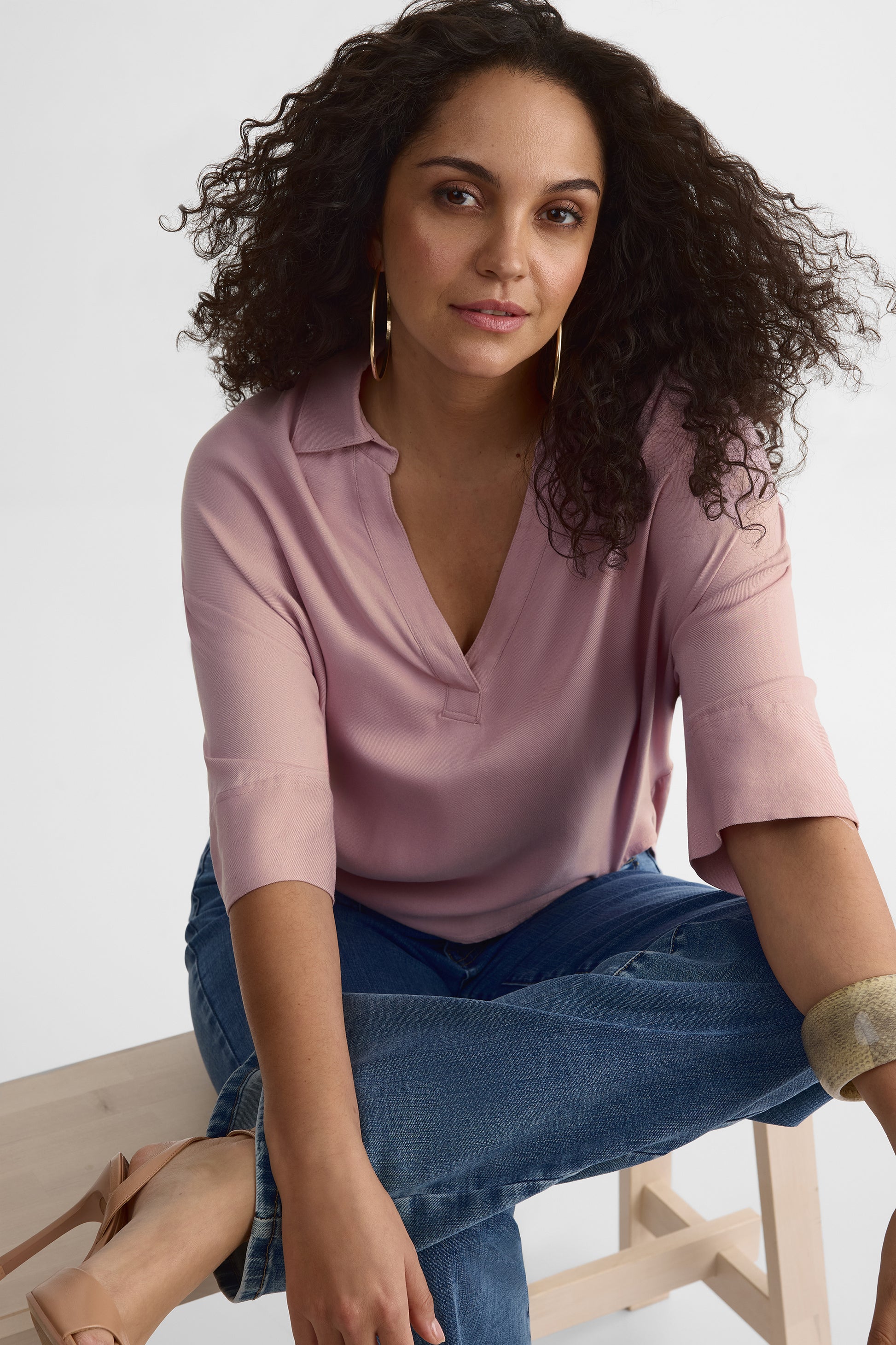 Blouse manches aux coudes col ouvert – Femme && ROSE