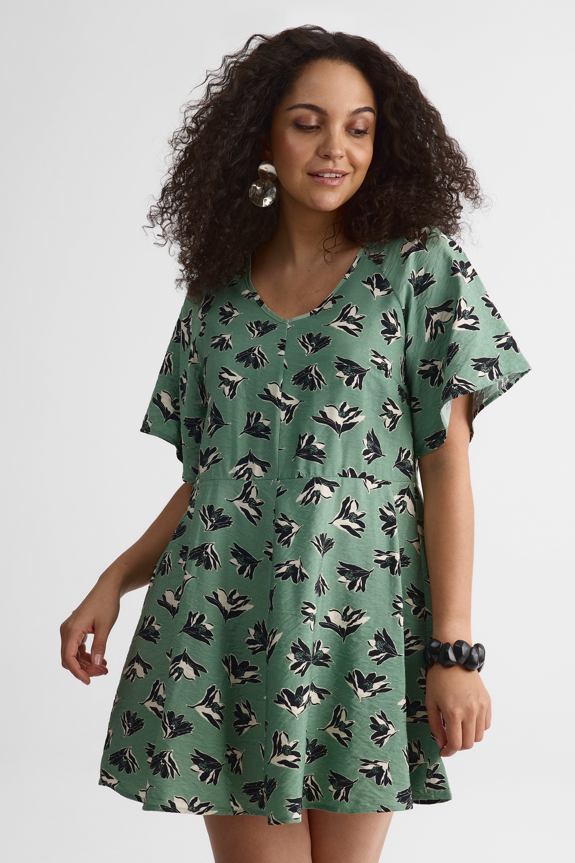 Robe M/courtes Flutter imprimée – Femme && VERT/MULTI