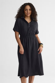 Robe midi col chemisier en chambray - Femme && CHARBON